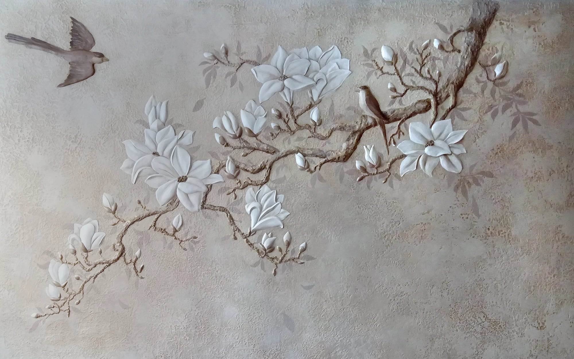 Trompe-l'oeil mural of white flowering branches