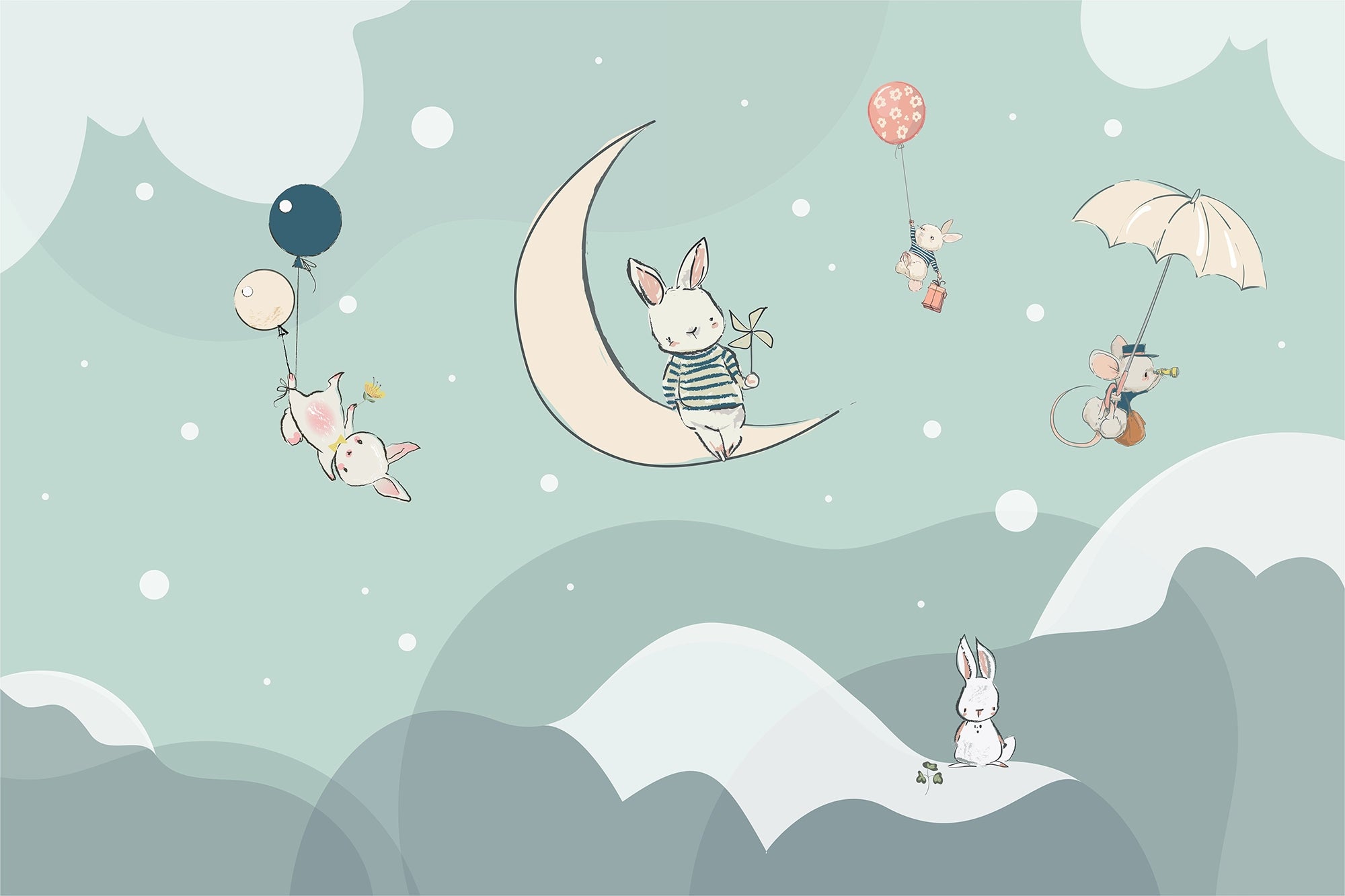 Rabbit on the Moon Children's Room Wallpaper