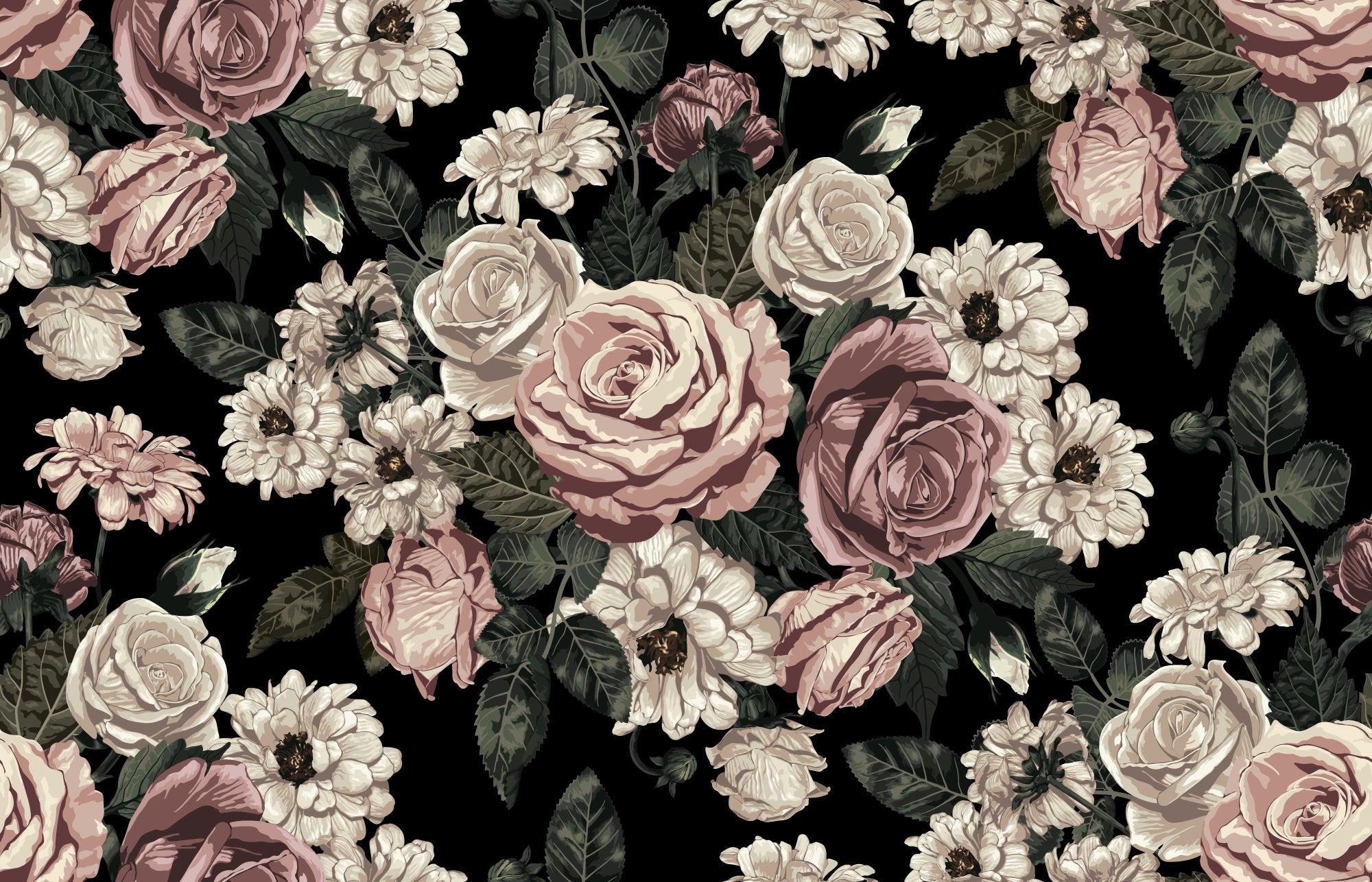 Papier Peint Floral Vintage - Roses Romantiques sur Fond Noir