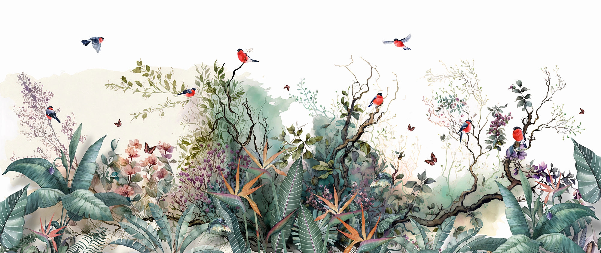 Papier Peint Panoramique Fleurs et oiseaux tropicaux