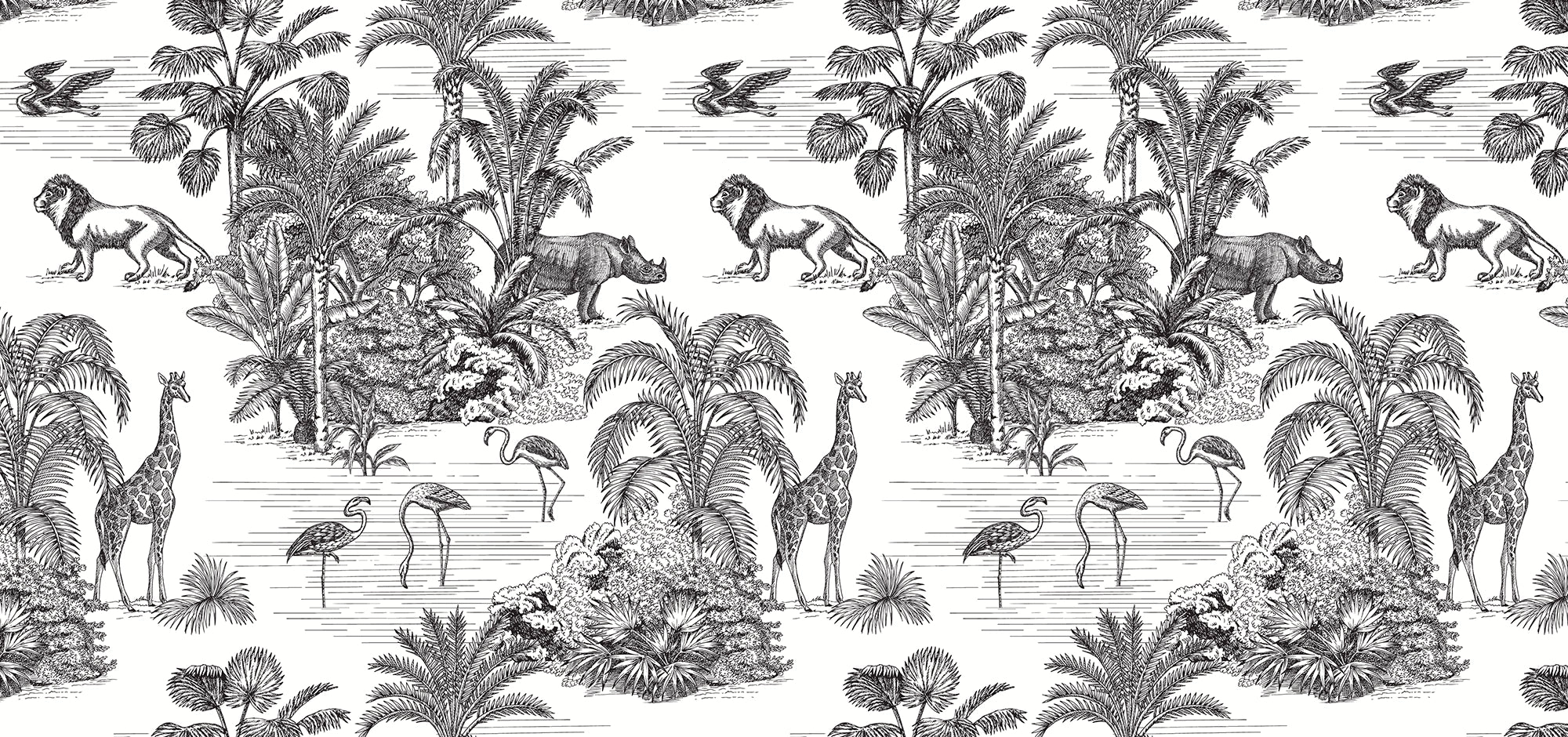 Papier Peint Tropical Toile de Jouy Safari Exotique Lion & Girafe