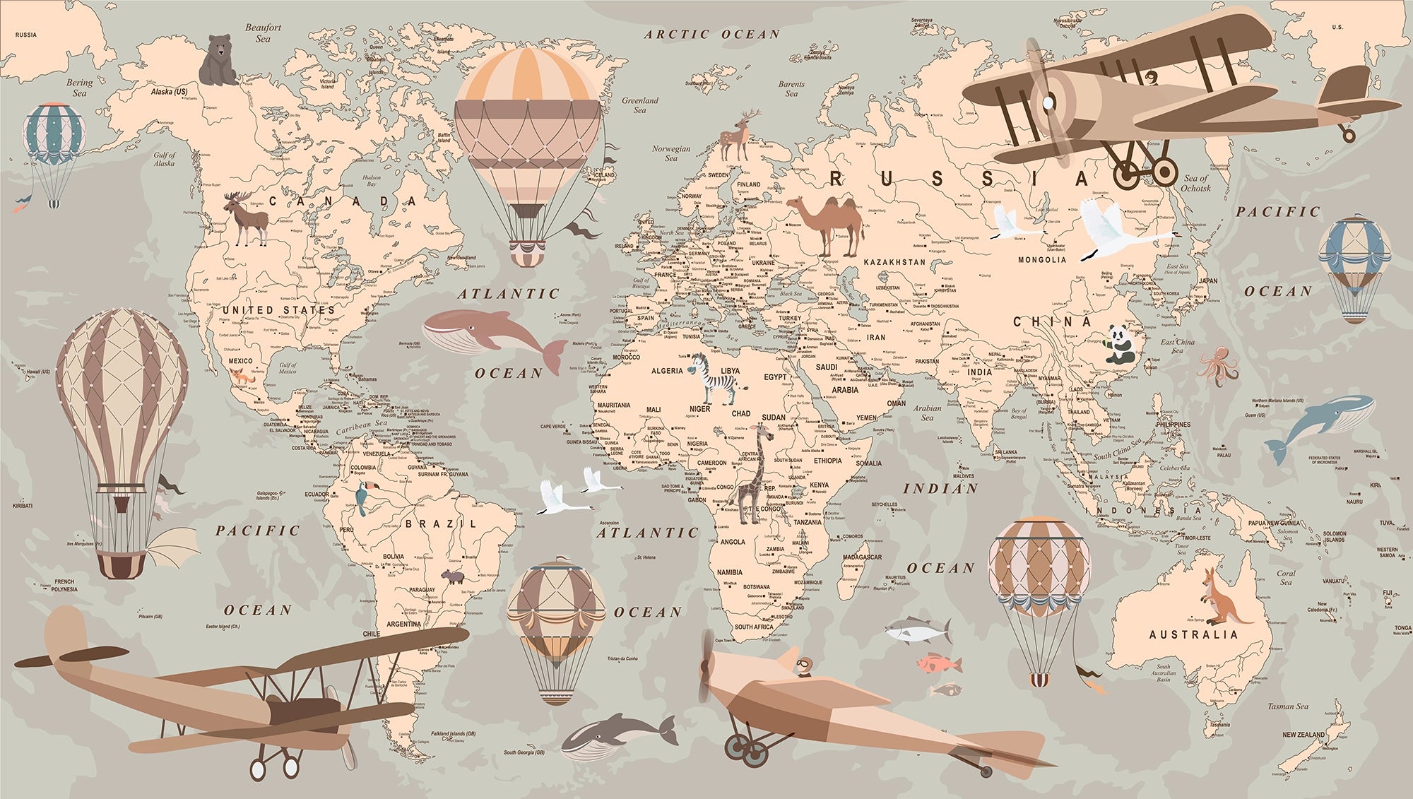 Papier peint carte du monde avion enfant