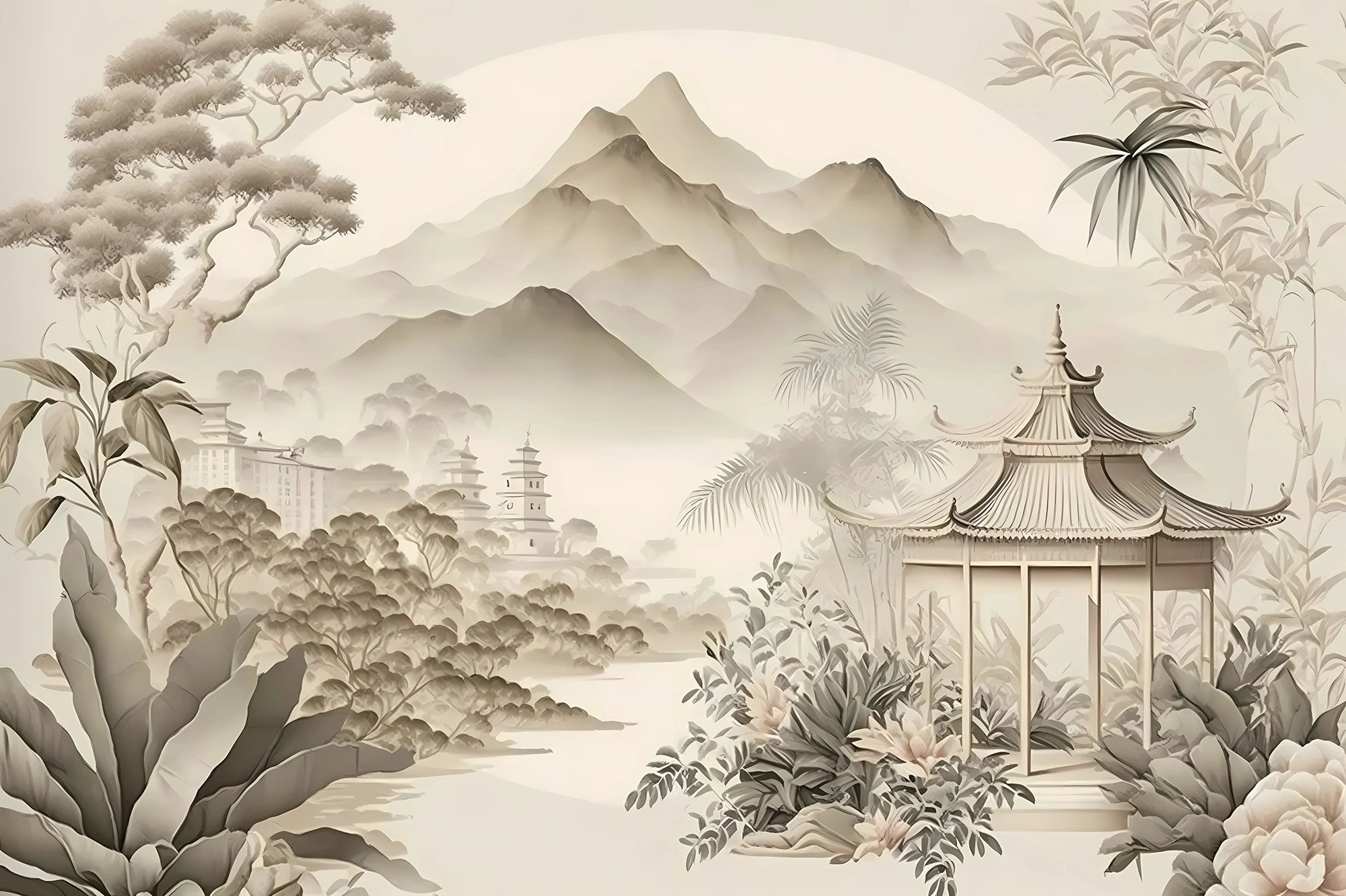 Taupe Temple Panoramic Wallpaper