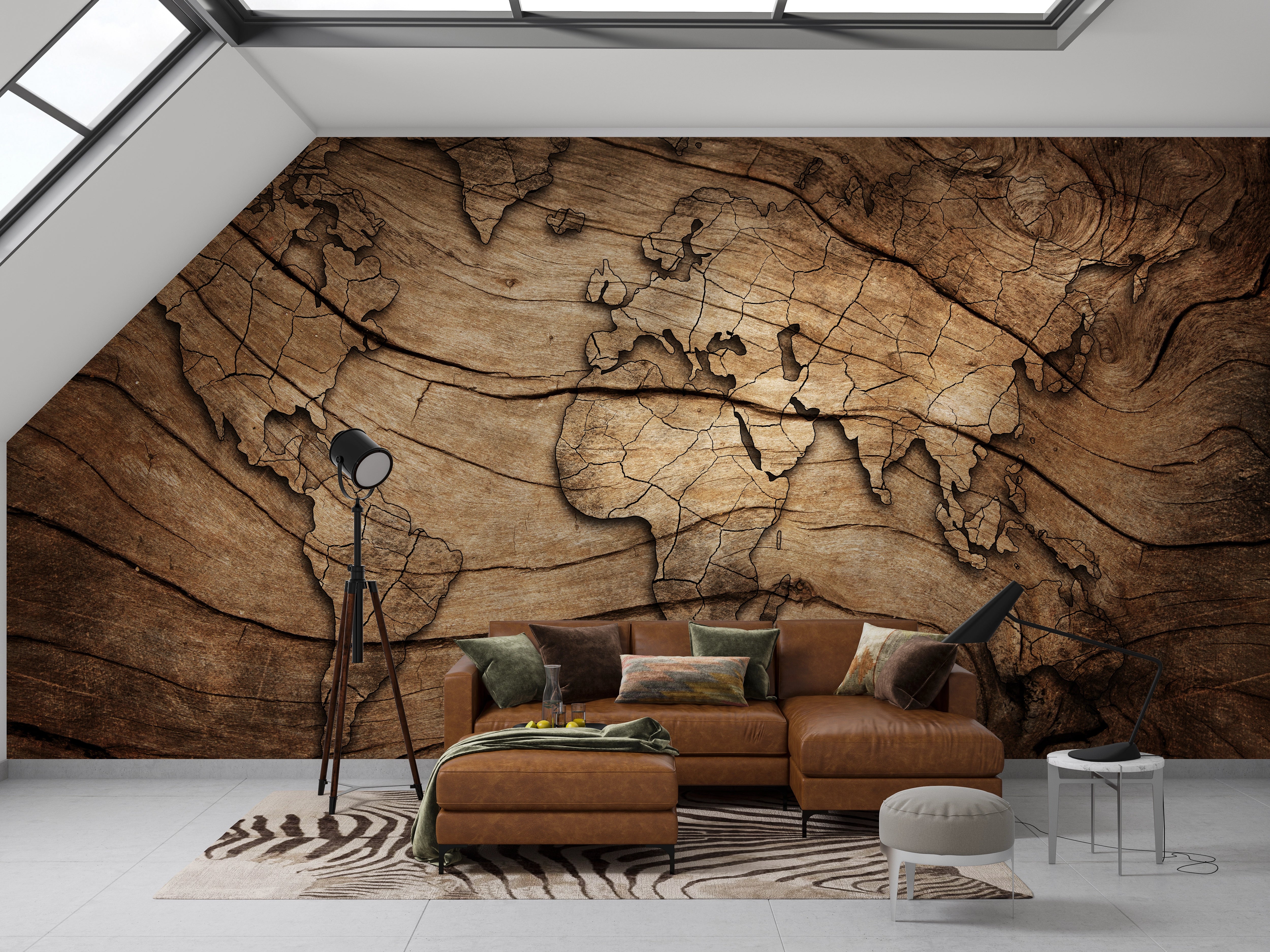 3D world map wallpaper wood effect