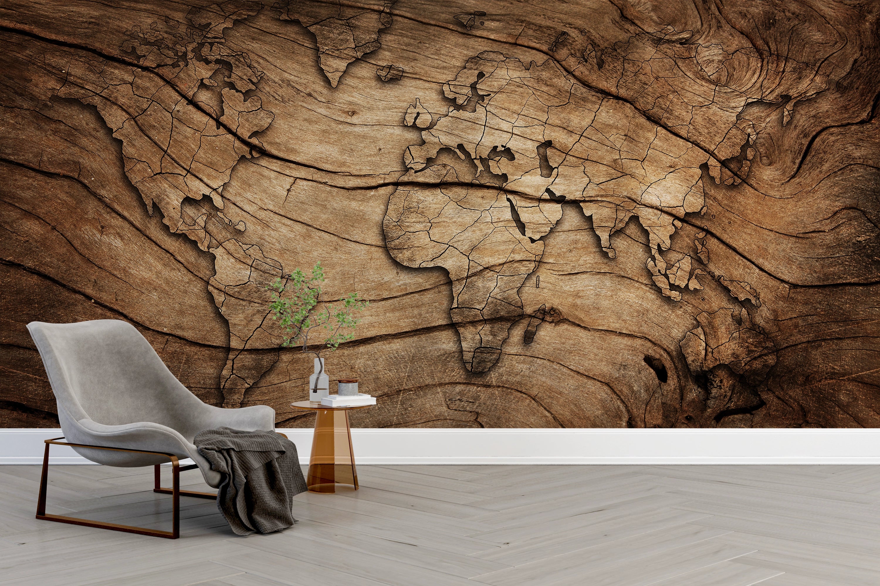 3D world map wallpaper wood effect