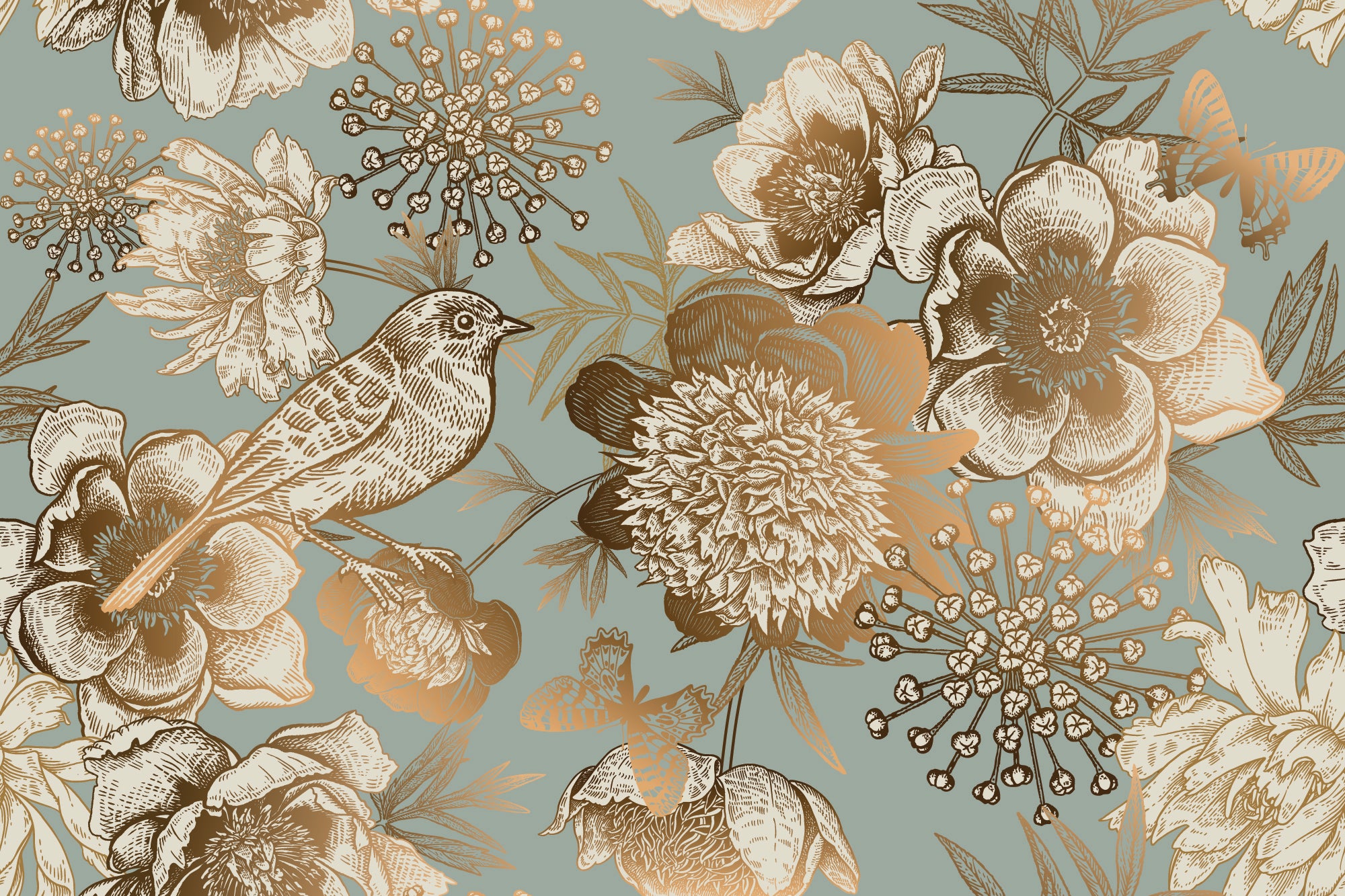 Bird and Peony panoramic wallpaper