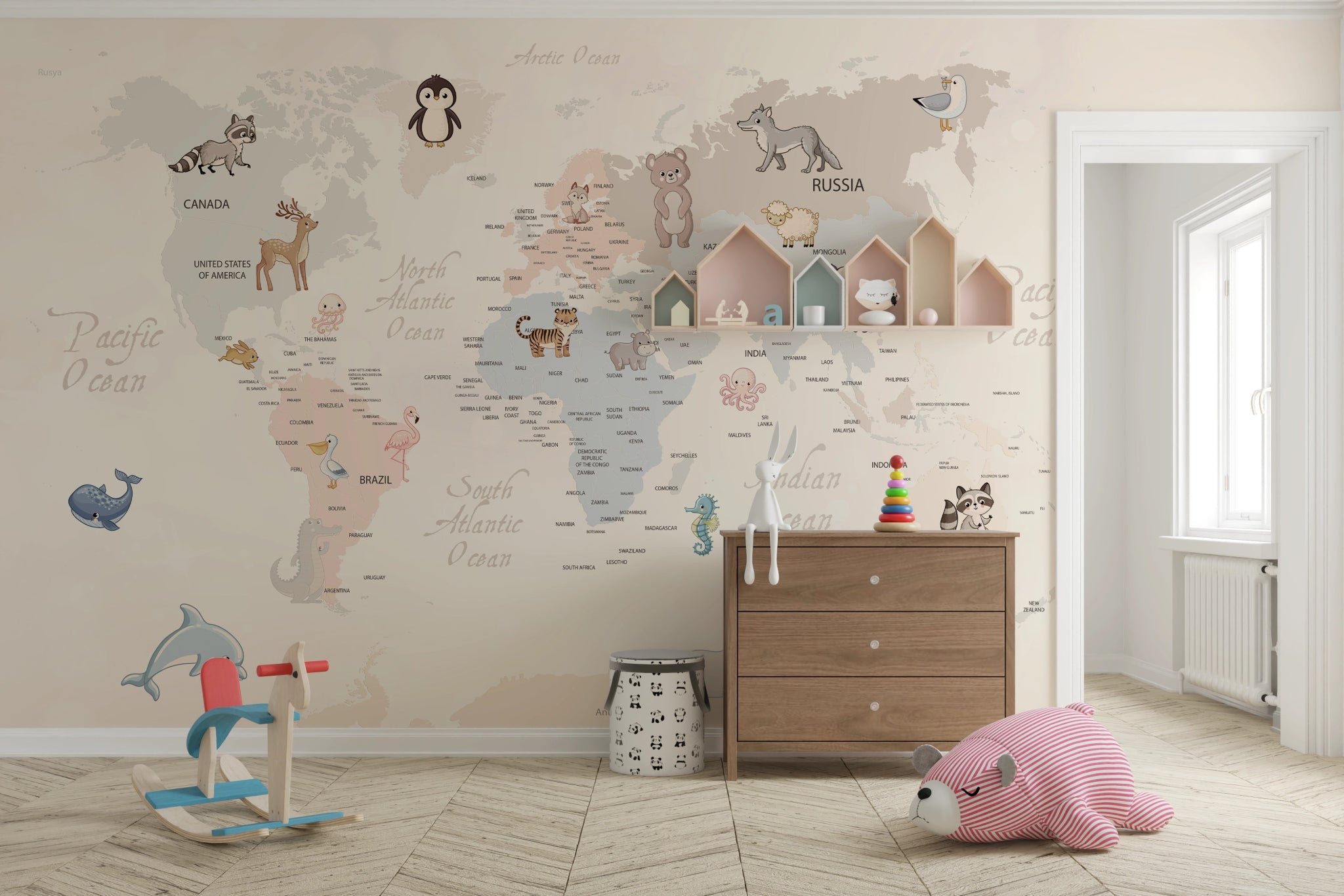 Décor mural chambre d'enfant - carte du monde animaux - Kam et Léon