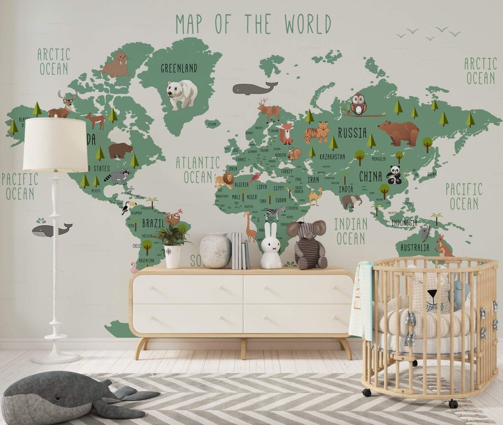 Décor mural panoramique carte du monde verte livraison offerte - Kam & Leon