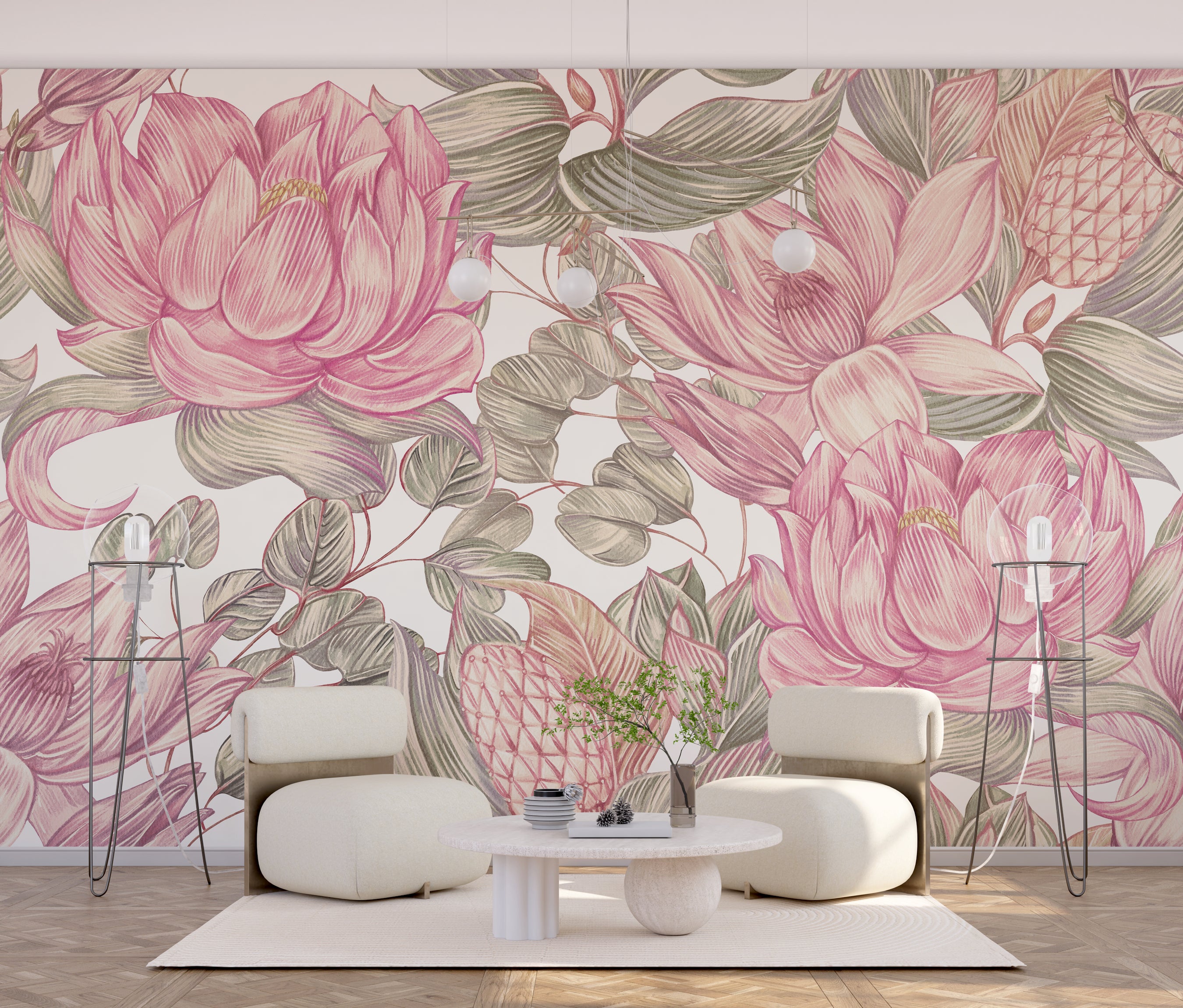 Fresque murale fleurs roses