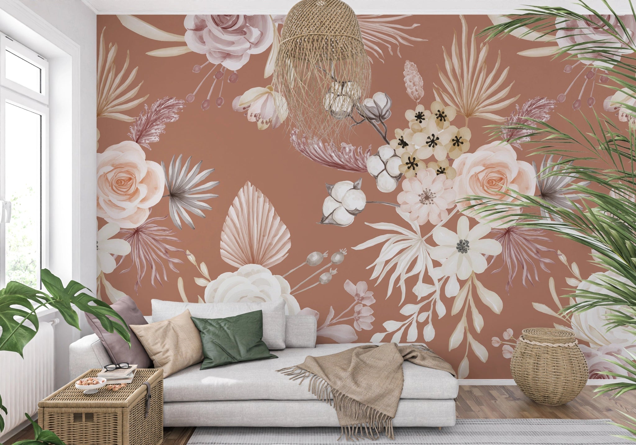 Papier Peint Bouquet Floral sur Fond Terracotta - Kam & Leon