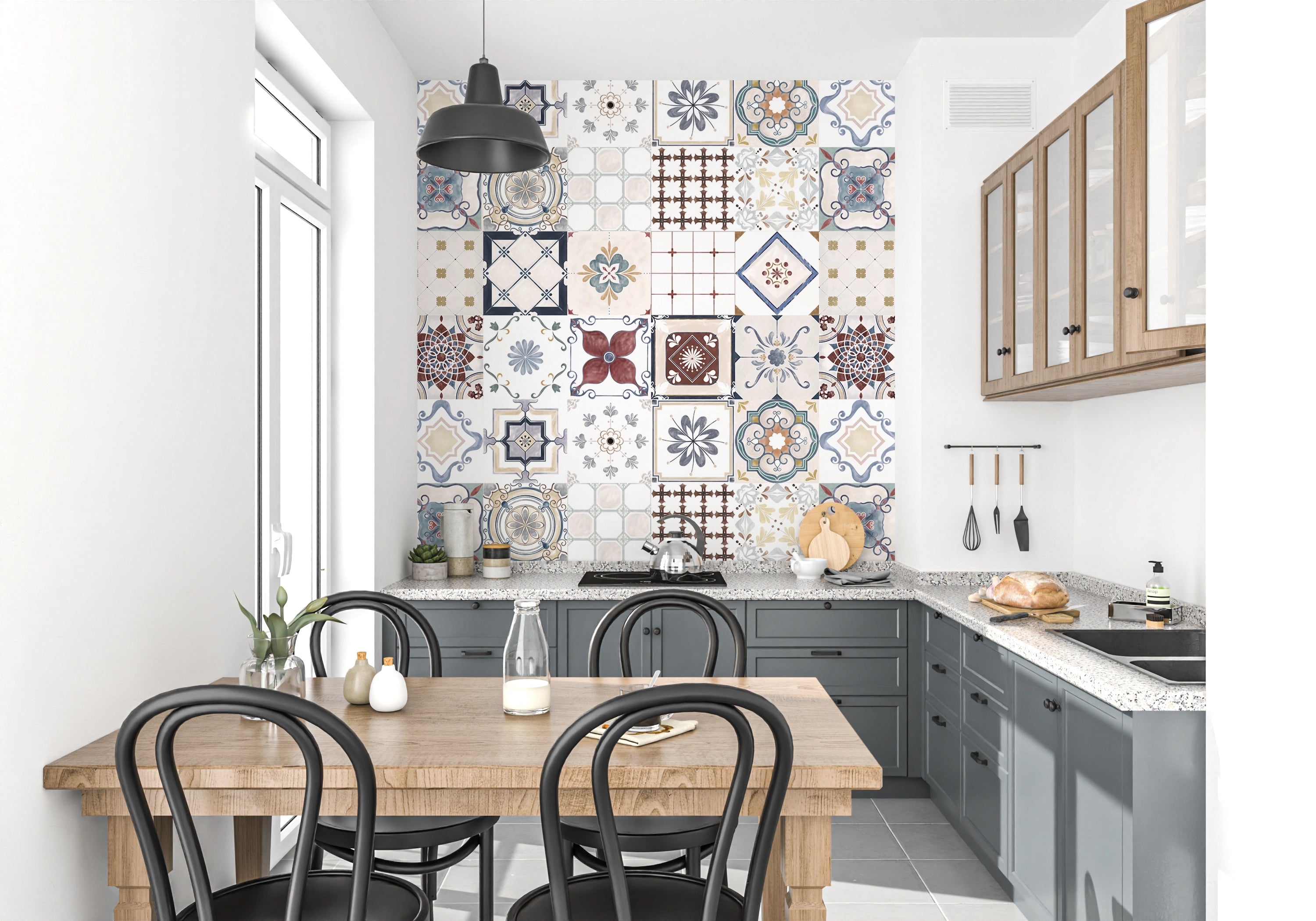 Cement tile wallpaper with arabesque patterns