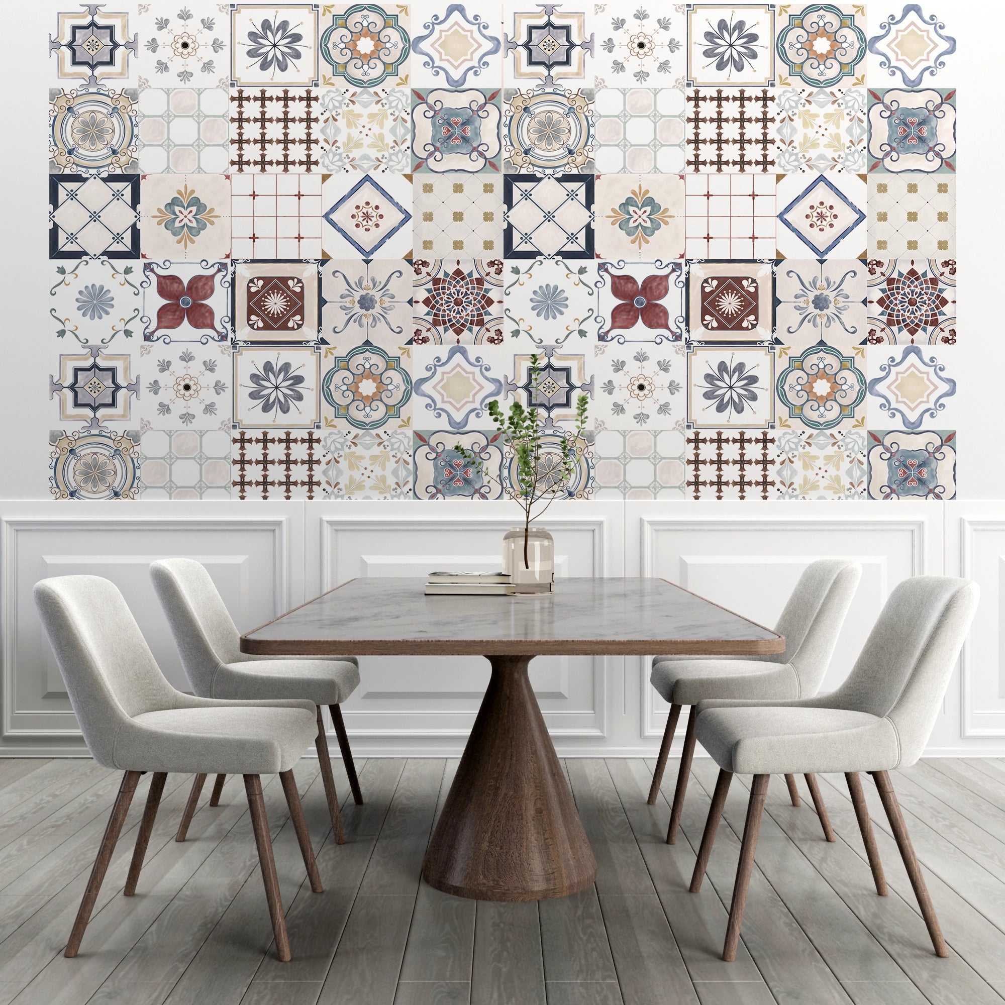 Cement tile wallpaper with arabesque patterns