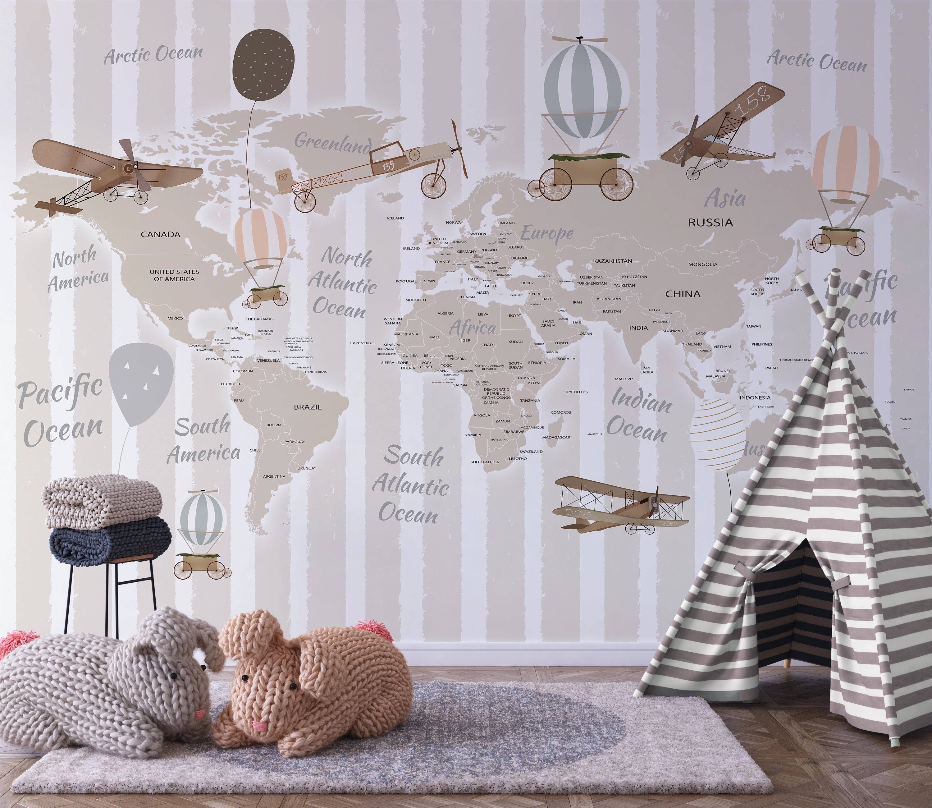 World map, planes, boats &amp; hot air balloons wallpaper