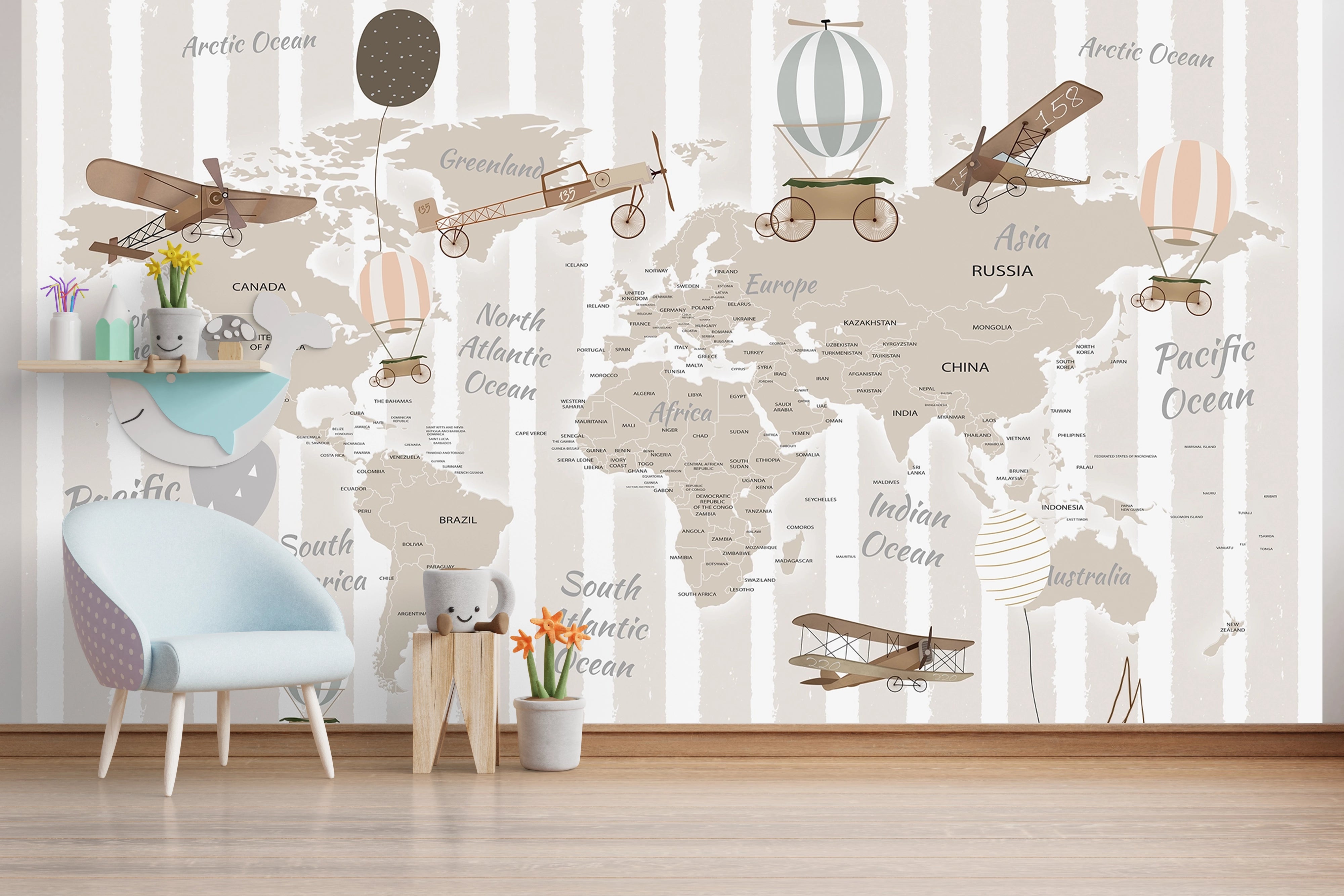 World map, planes, boats &amp; hot air balloons wallpaper