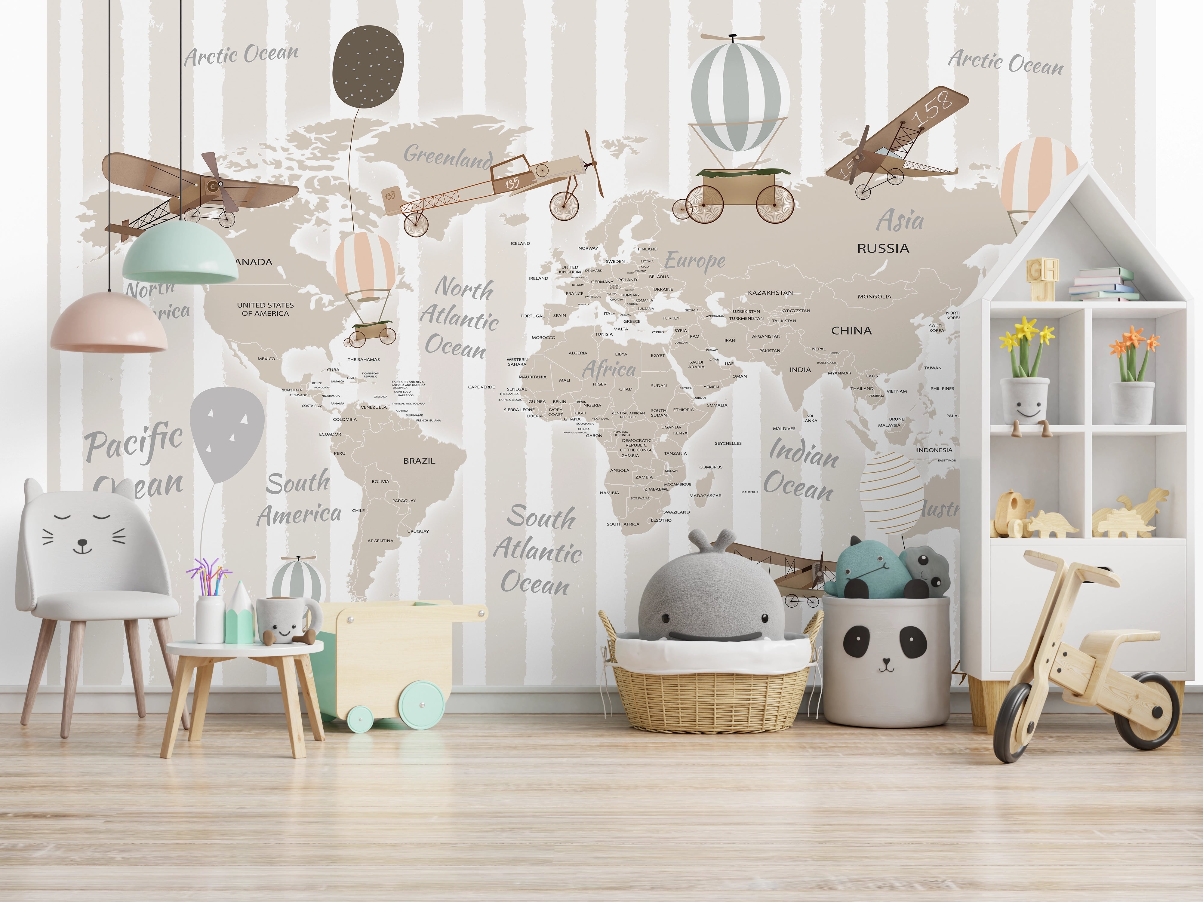 World map, planes, boats &amp; hot air balloons wallpaper