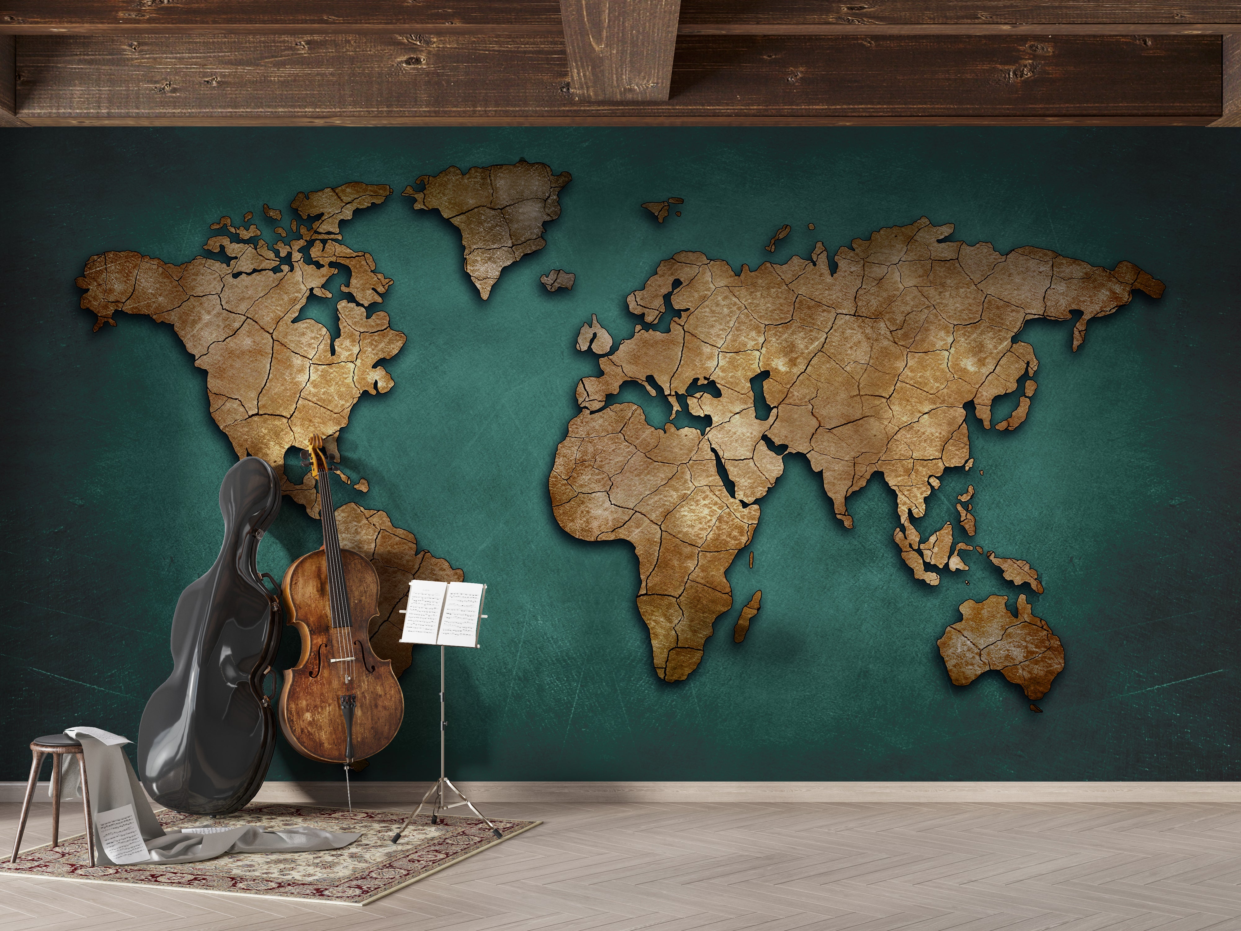 Emerald Green Vintage World Map Wallpaper