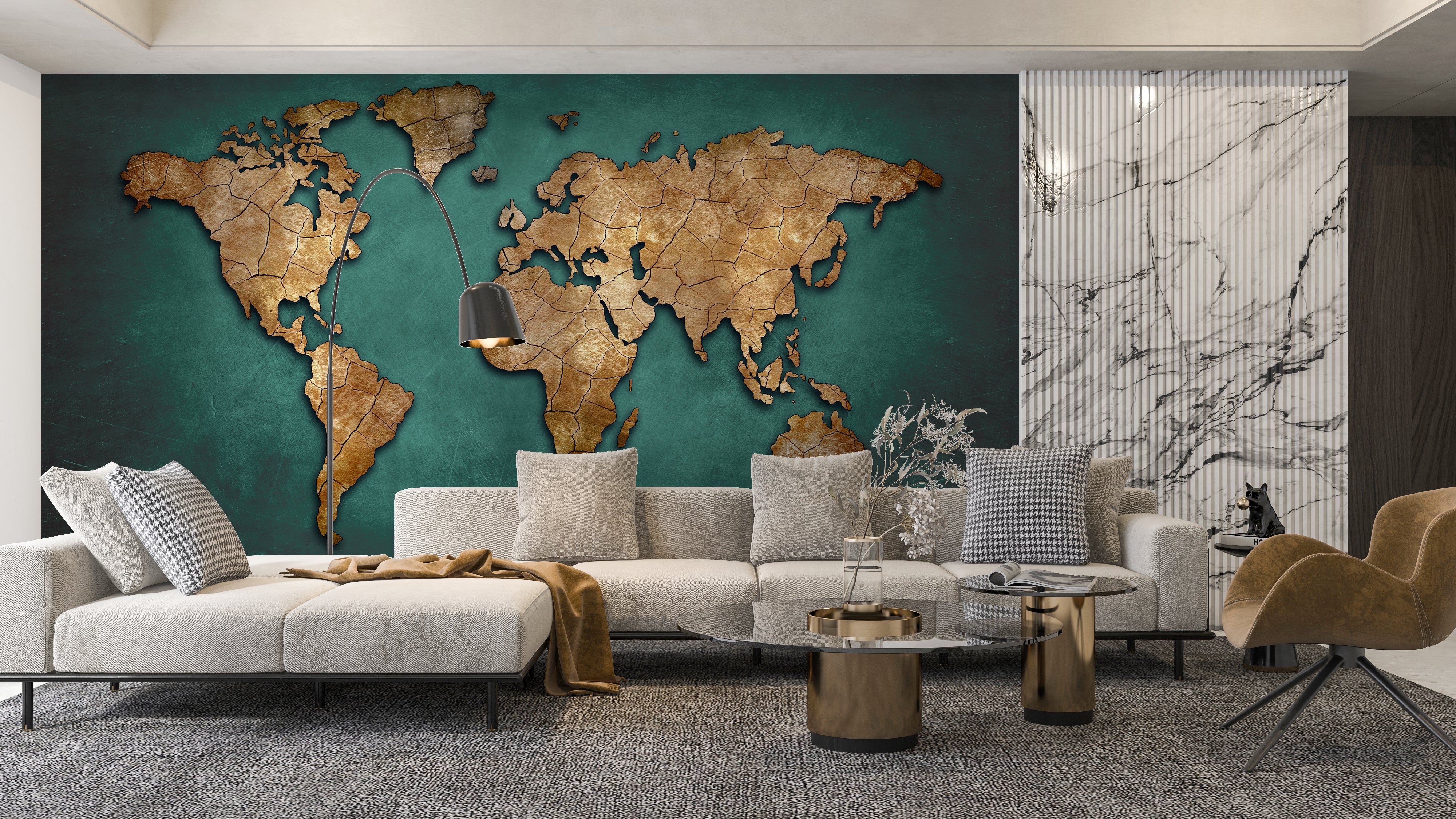 Emerald Green Vintage World Map Wallpaper