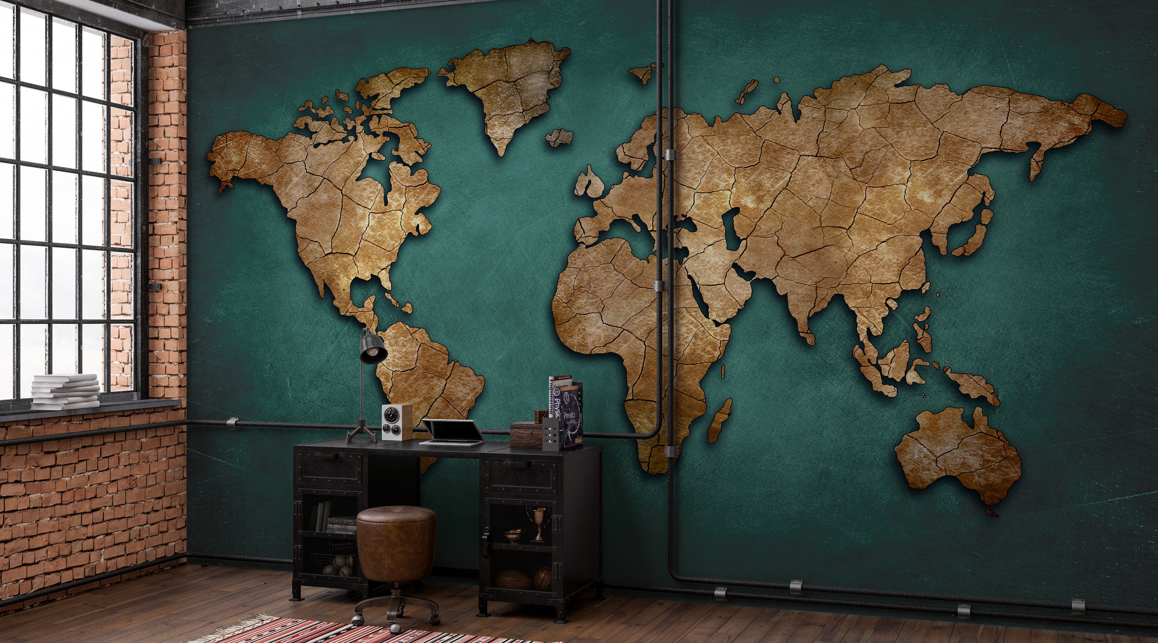 Emerald Green Vintage World Map Wallpaper