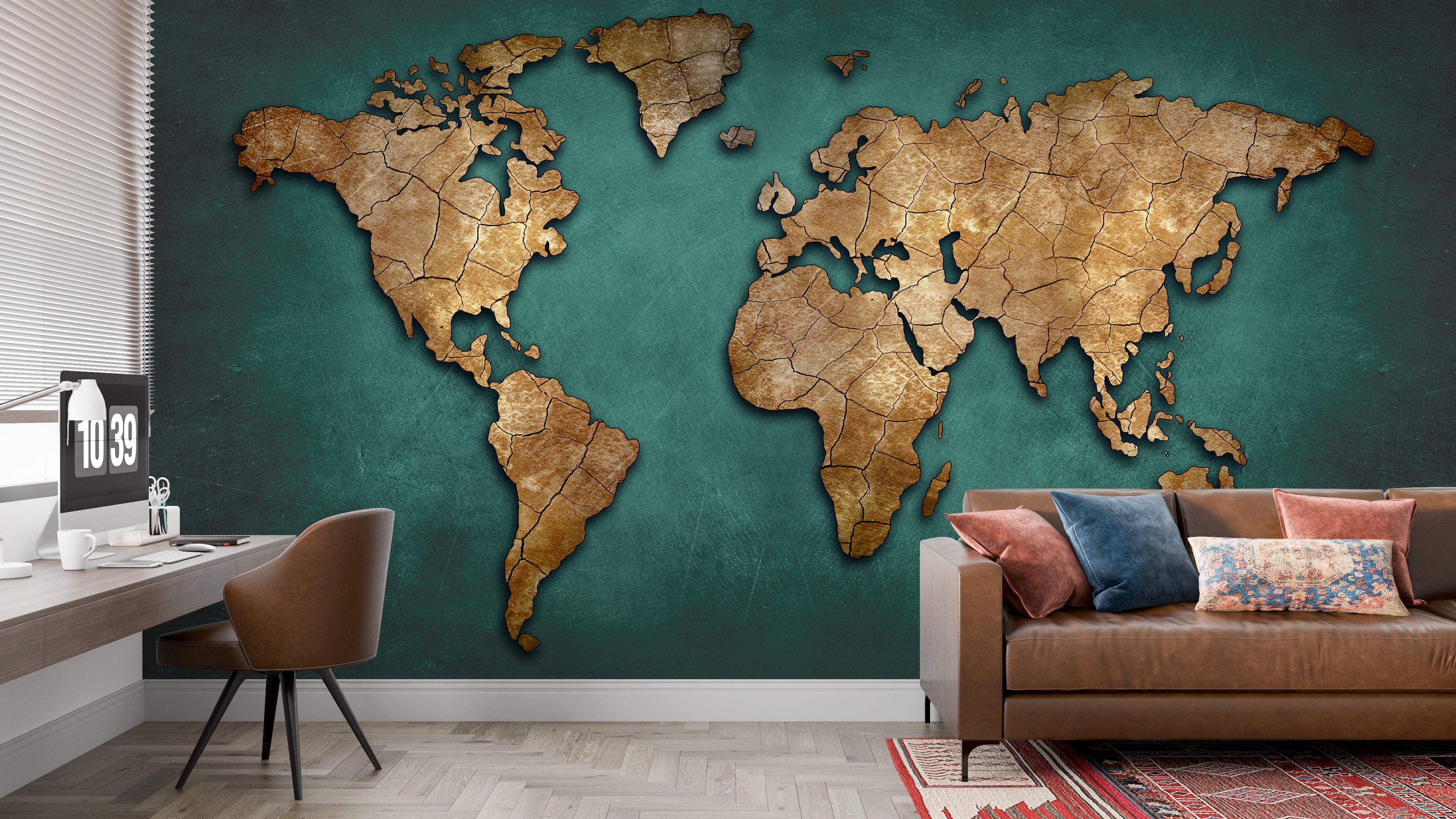 Emerald Green Vintage World Map Wallpaper