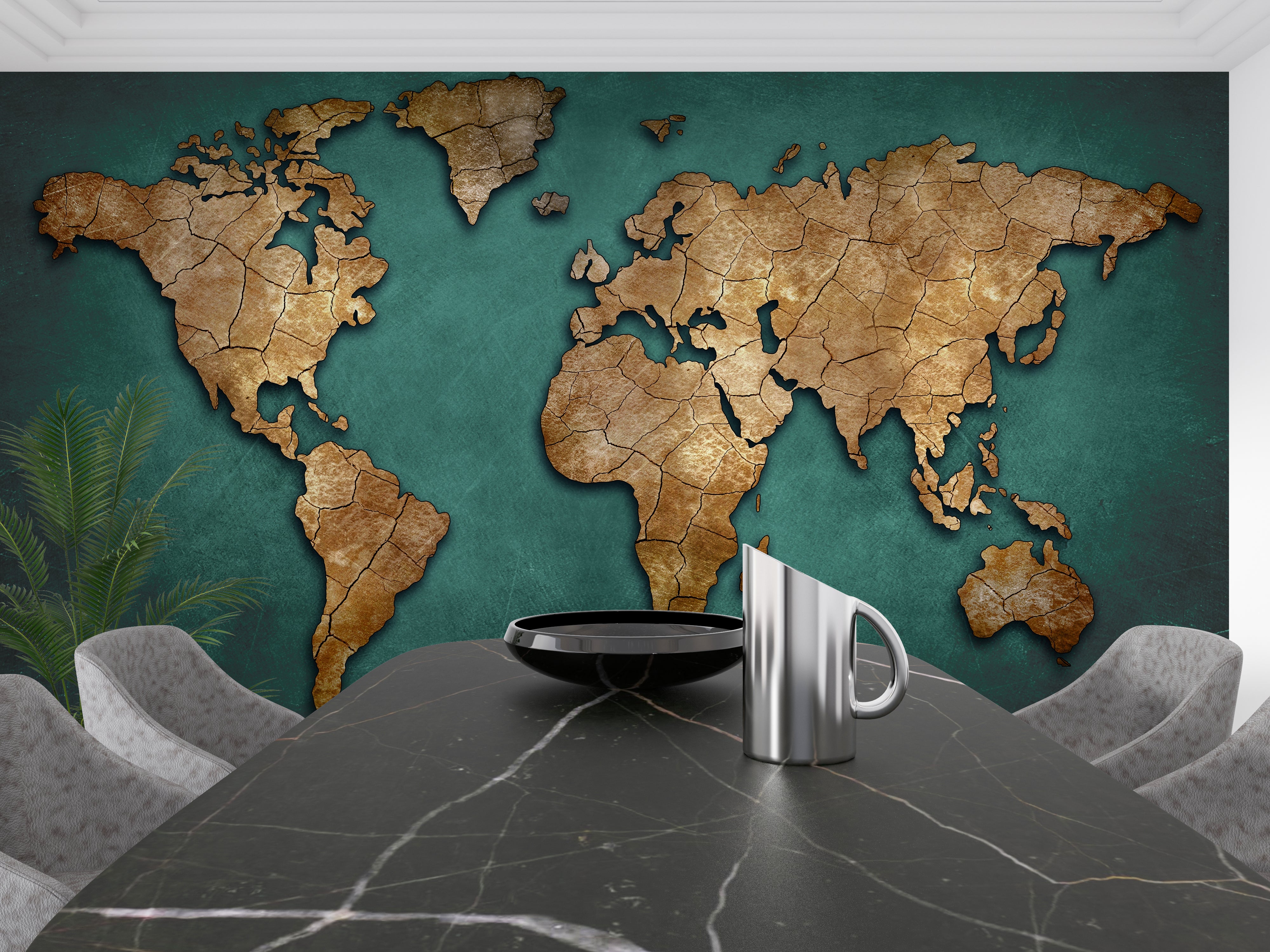 Emerald Green Vintage World Map Wallpaper