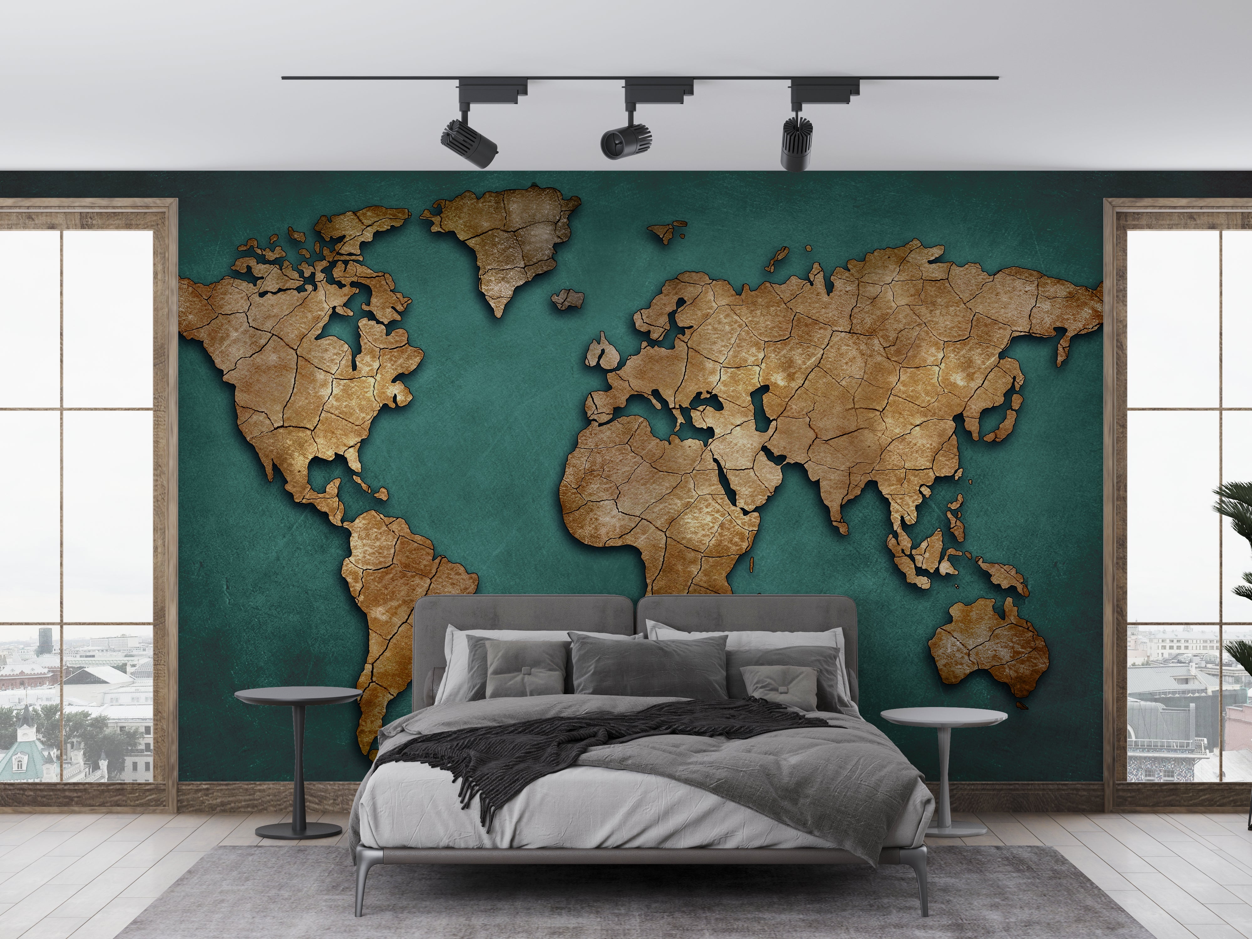 Emerald Green Vintage World Map Wallpaper