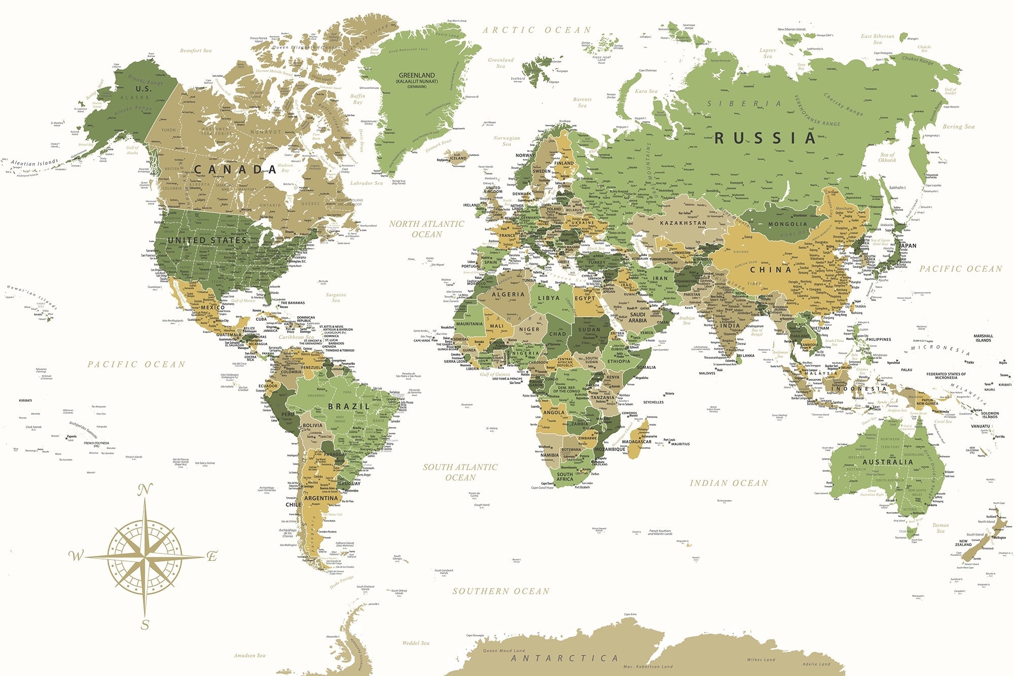 Papier Peint Carte du Monde Vert et Beige - Kam et Léon