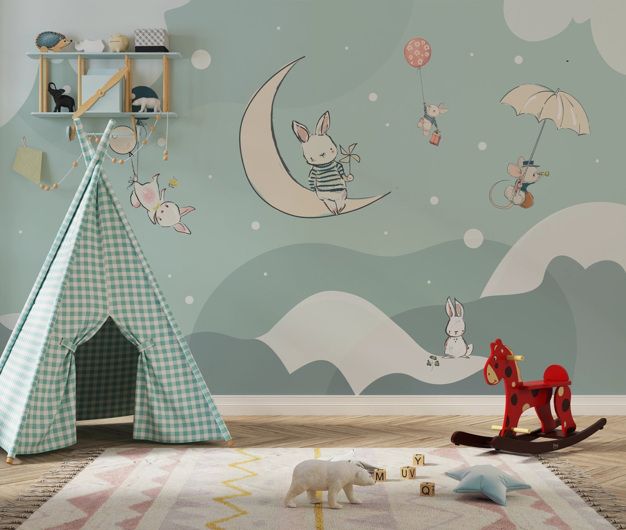 Papier Peint Chambre Enfant Lapin Sur La Lune - Kam & Leon