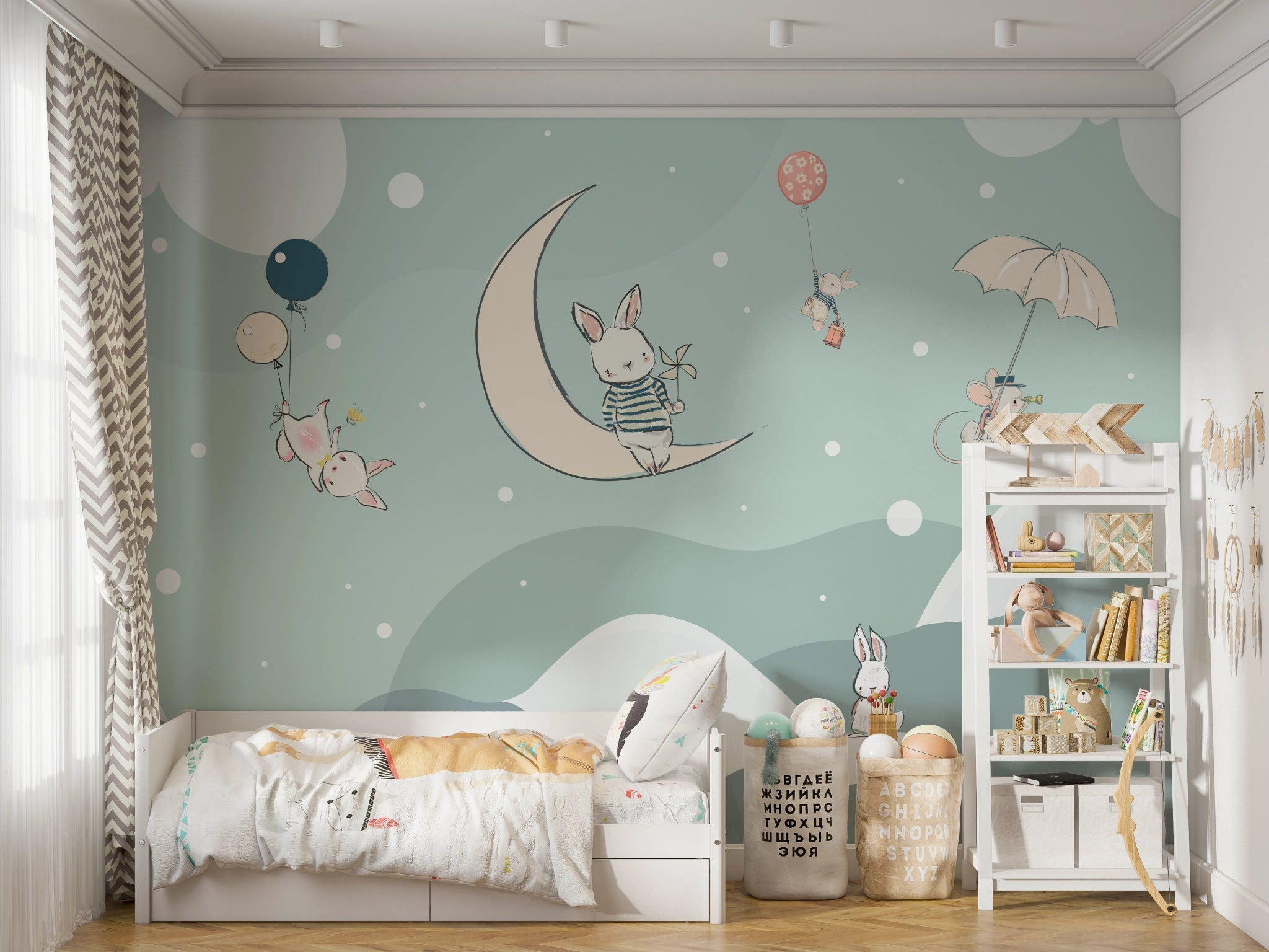 Papier Peint Chambre Enfant Lapin Sur La Lune - Kam & Leon