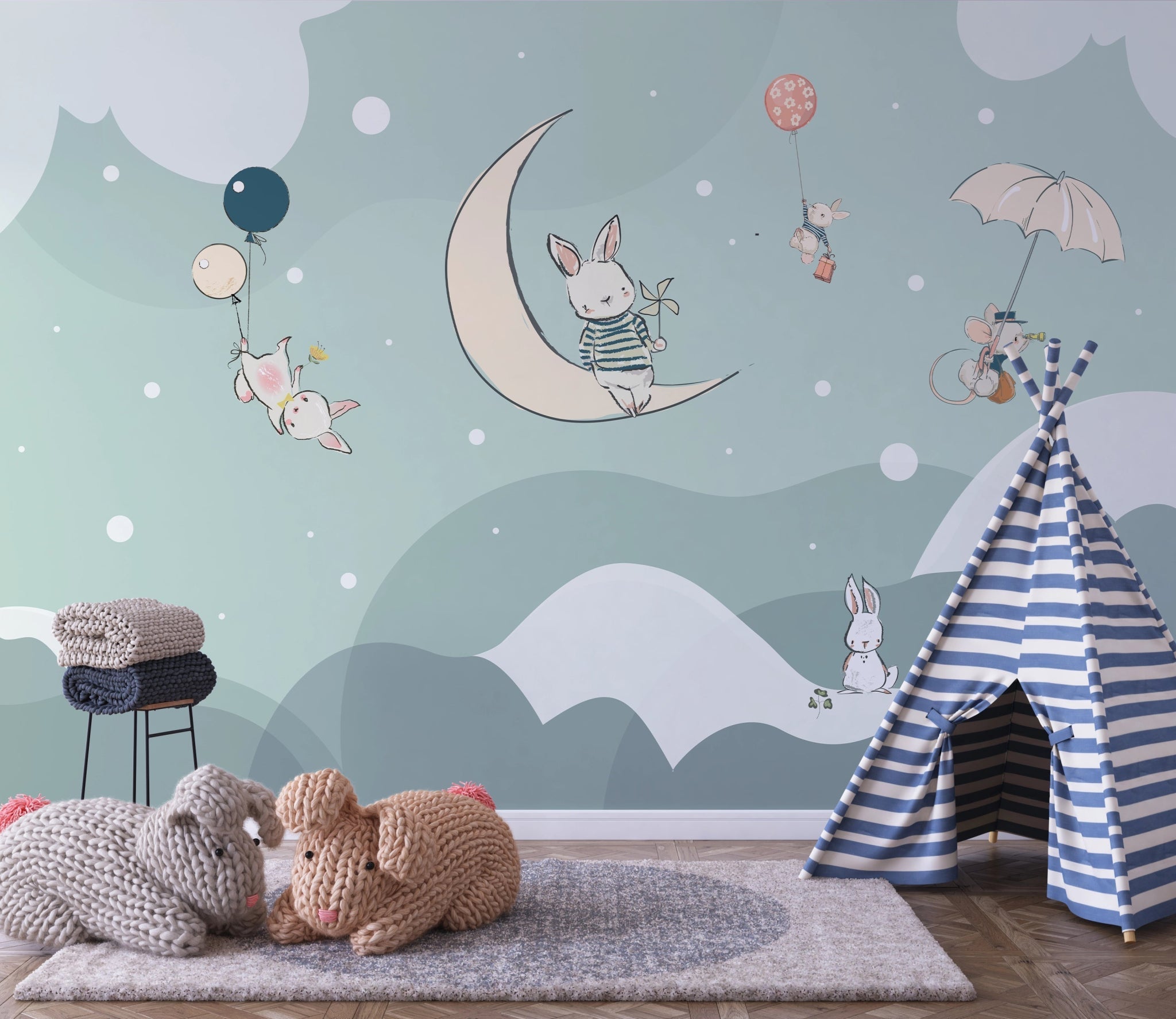 Papier Peint Chambre Enfant Lapin Sur La Lune - Kam & Leon