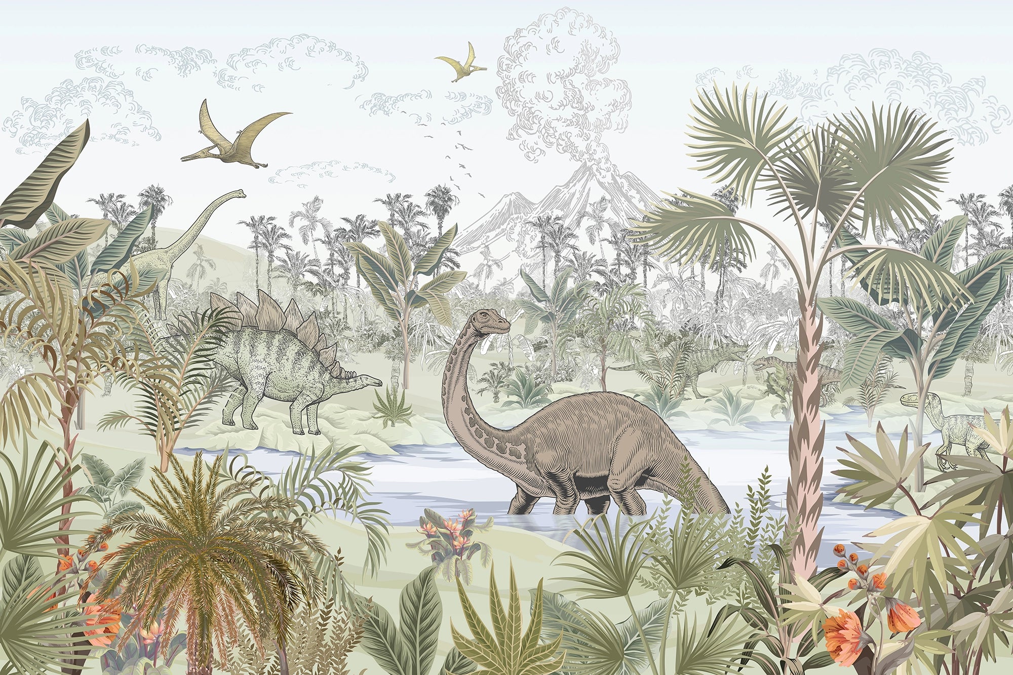 Dinosaurs in the Prehistoric Jungle Wallpaper