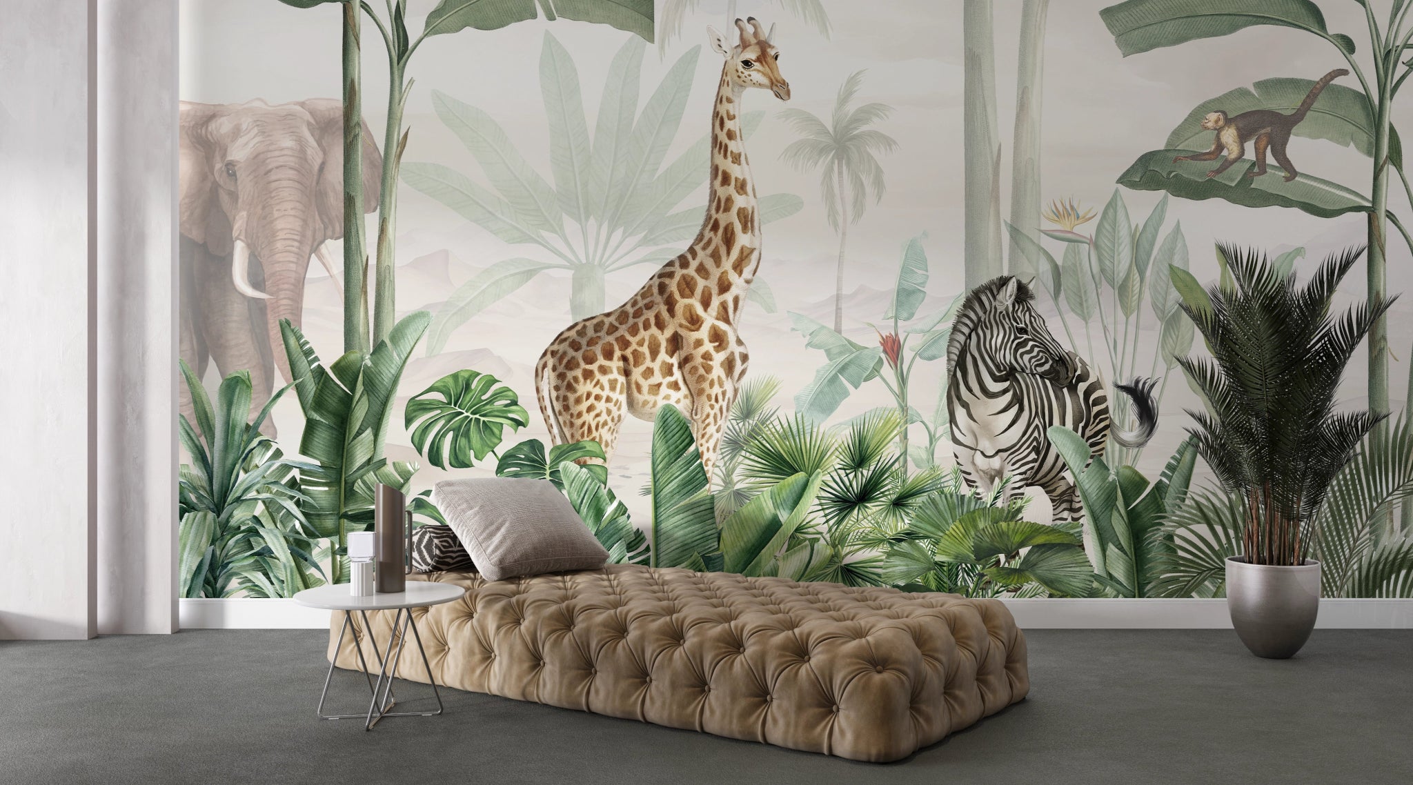 Papier Peint Exotique Girafe et Faune Tropicale - Kam et Léon