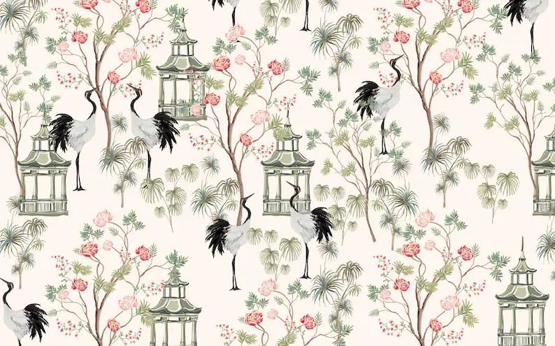 Papier peint fleurs et grues du Japon - Kam & Leon