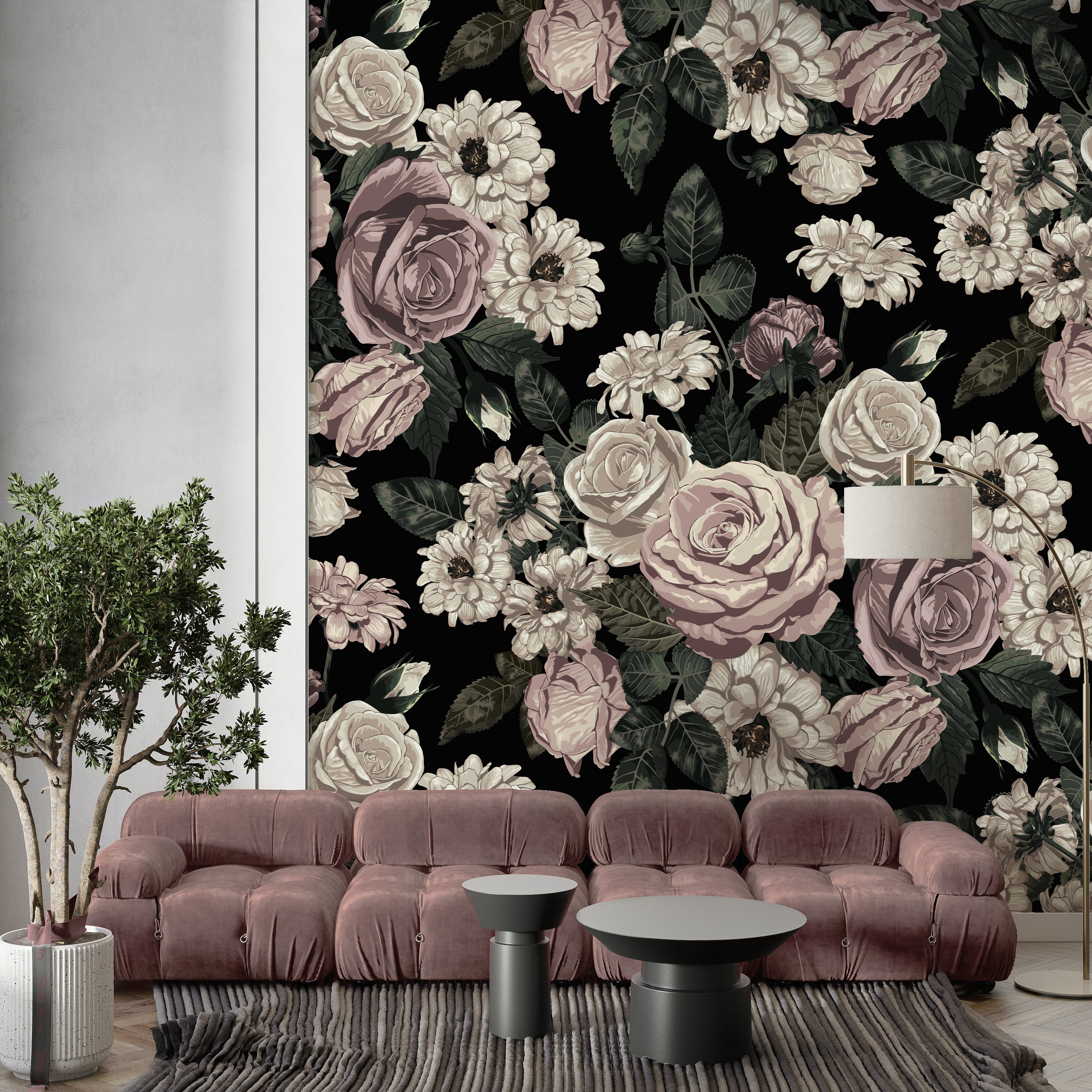 Papier Peint Floral Vintage - Roses Romantiques sur Fond Noir