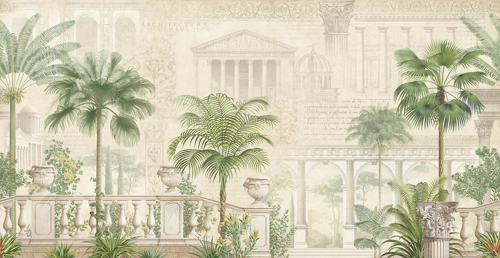 Architectural fresco and exotic vegetation wallpaper