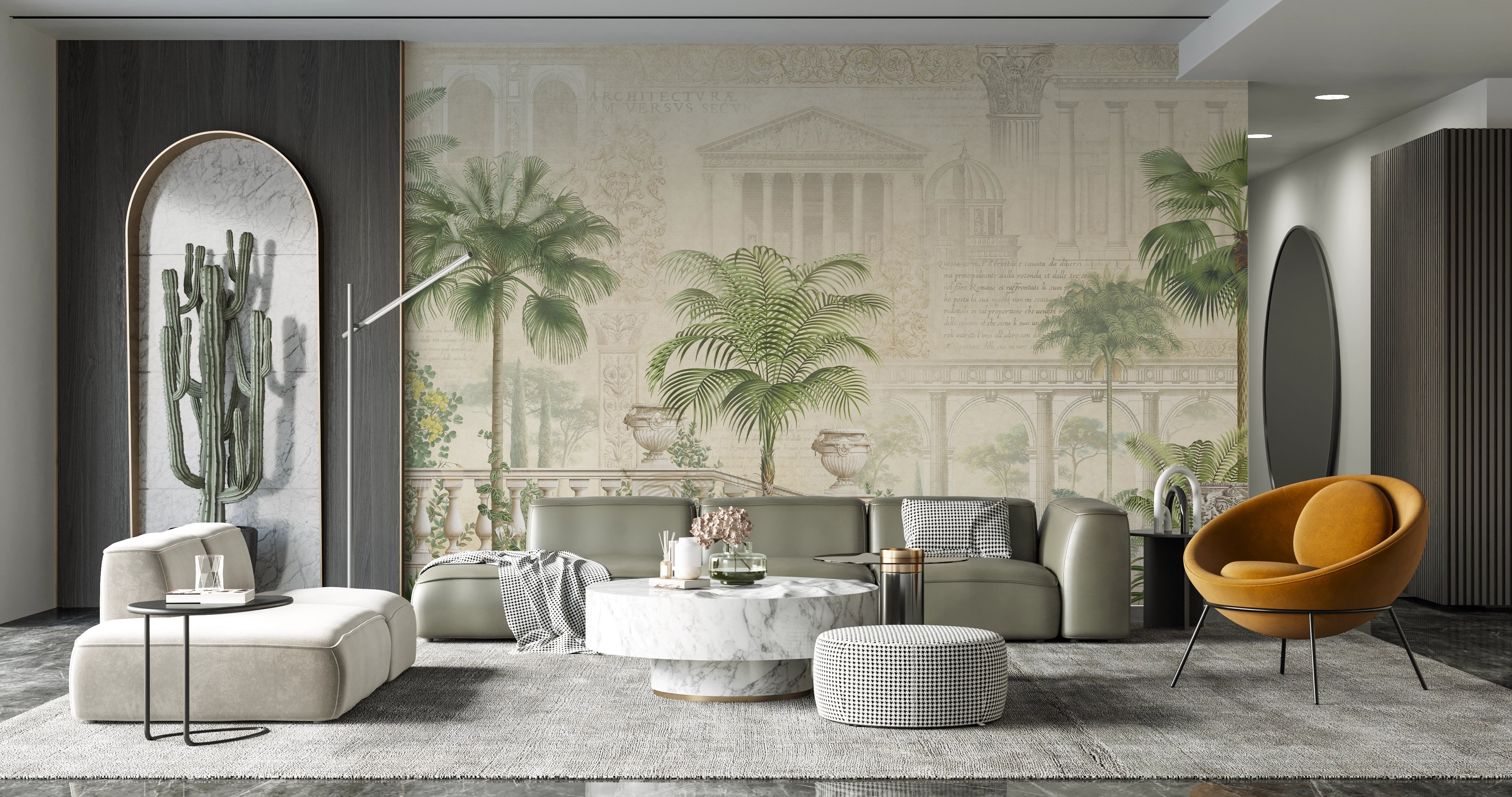 Architectural fresco and exotic vegetation wallpaper