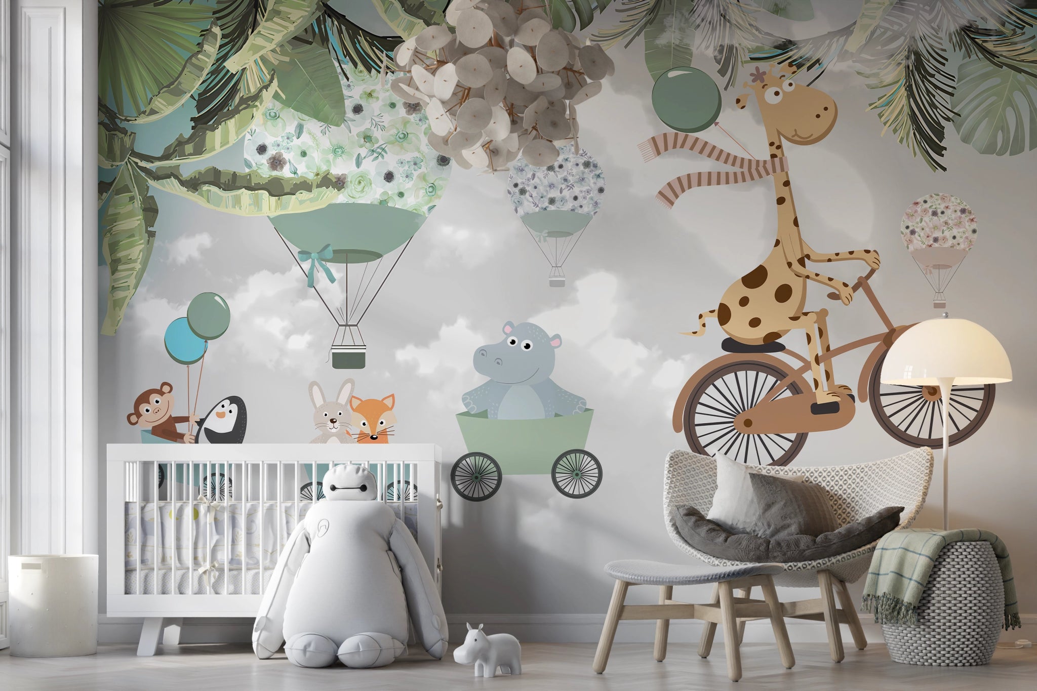 Papier peint panoramique animaux à vélo chambre enfant - Kam et Léon