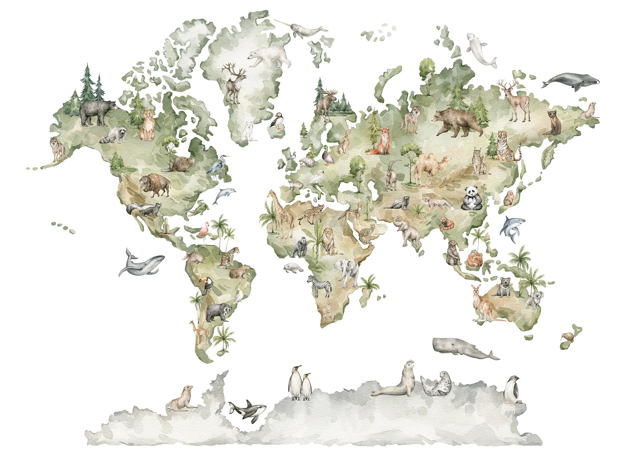 Papier peint panoramique carte du monde animaux