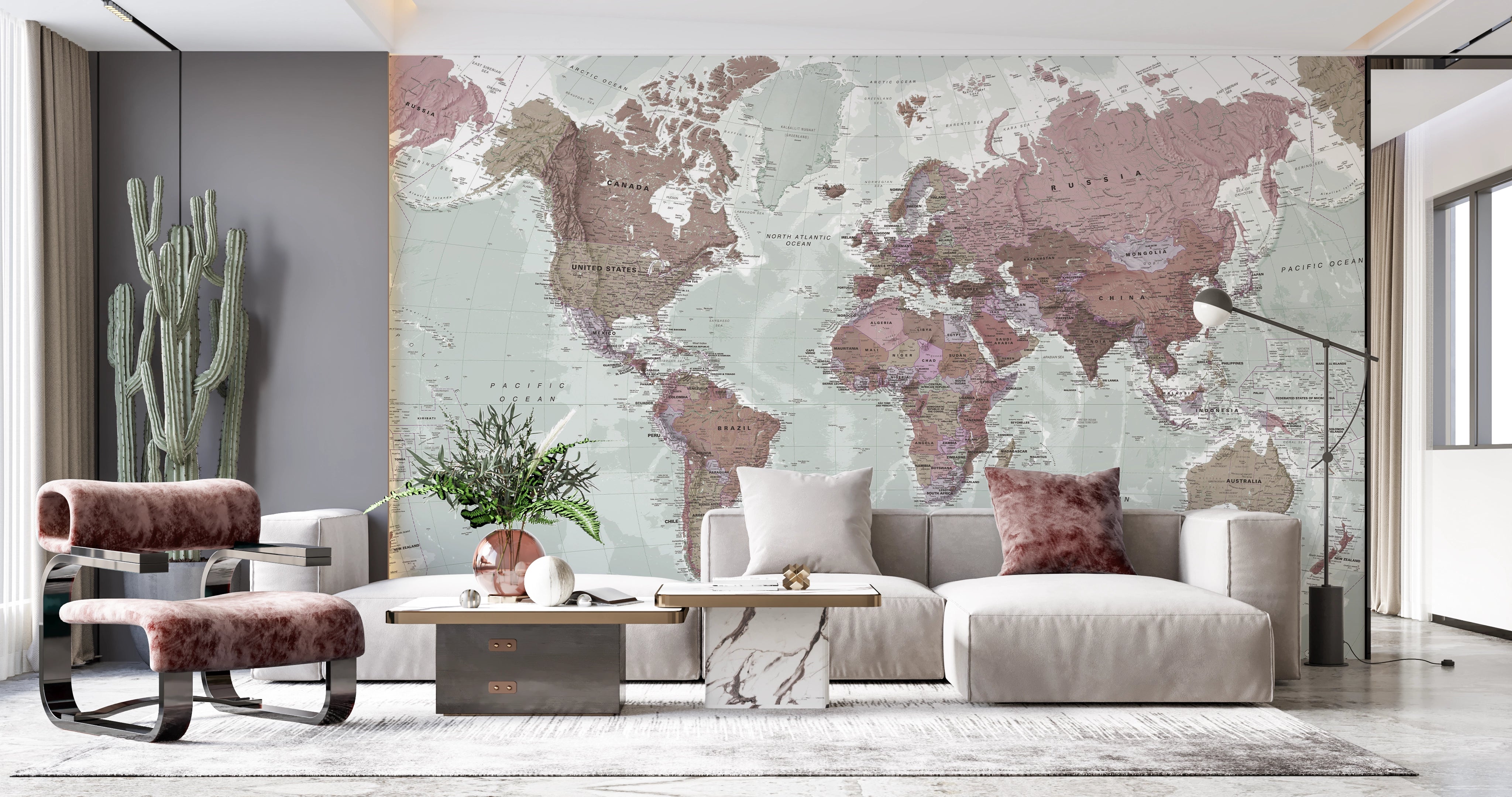 Pink world map panoramic wallpaper