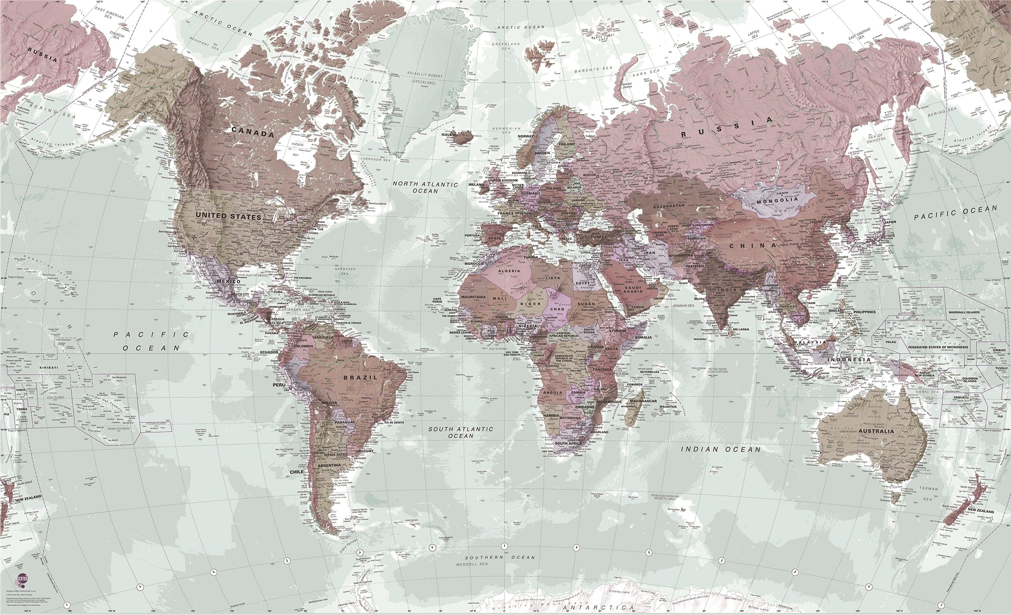 Papier peint panoramique carte du monde rose