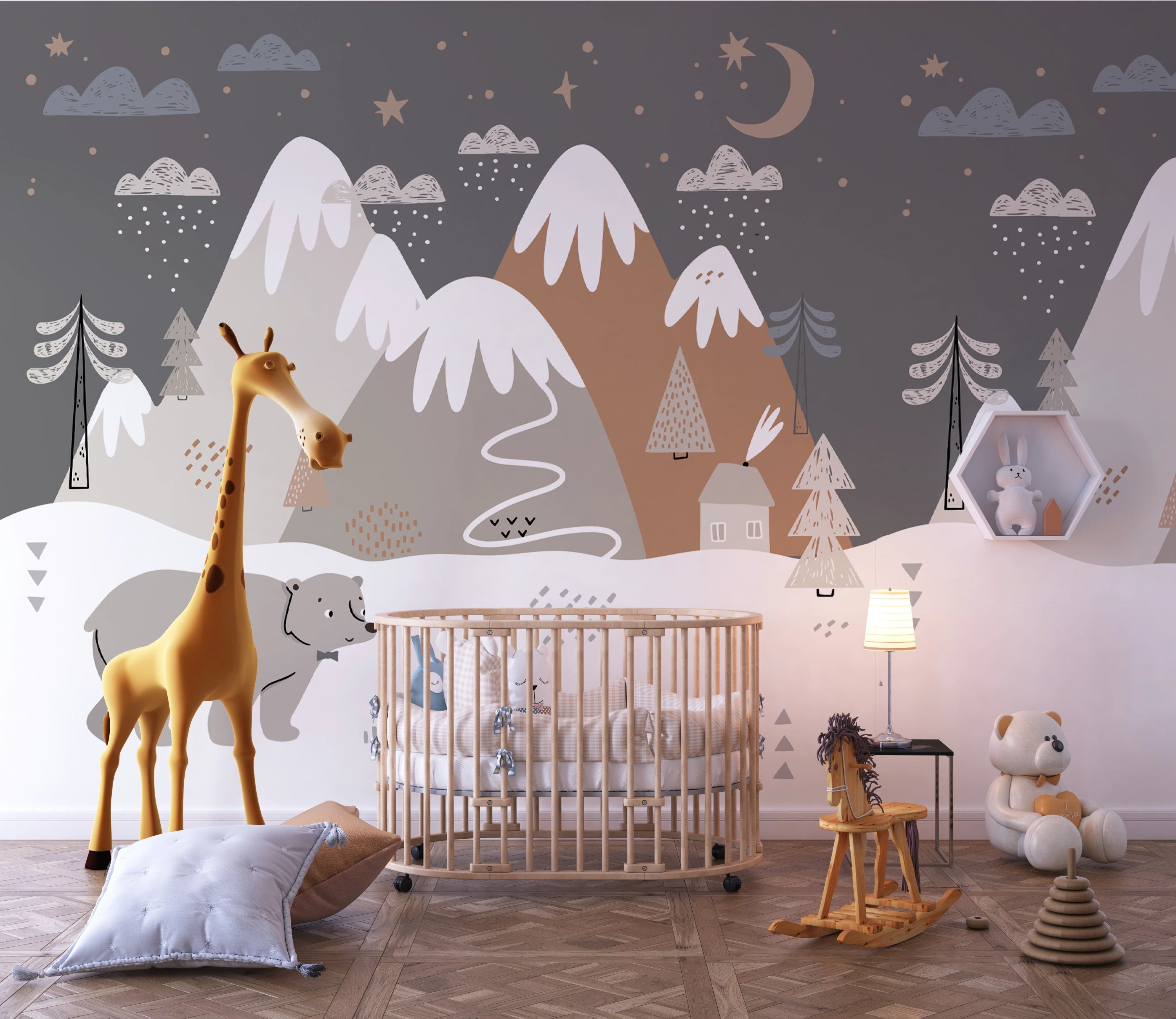 Snowy Mountain Baby Room Panoramic Wallpaper