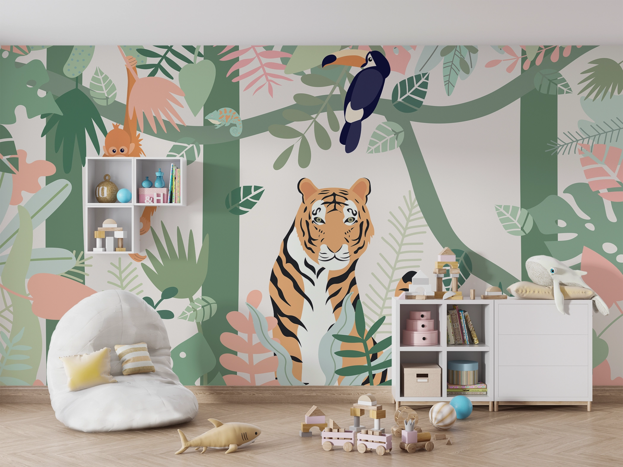 Papier Peint Panoramique Enfants Animaux de la Jungle - Kam & Leon