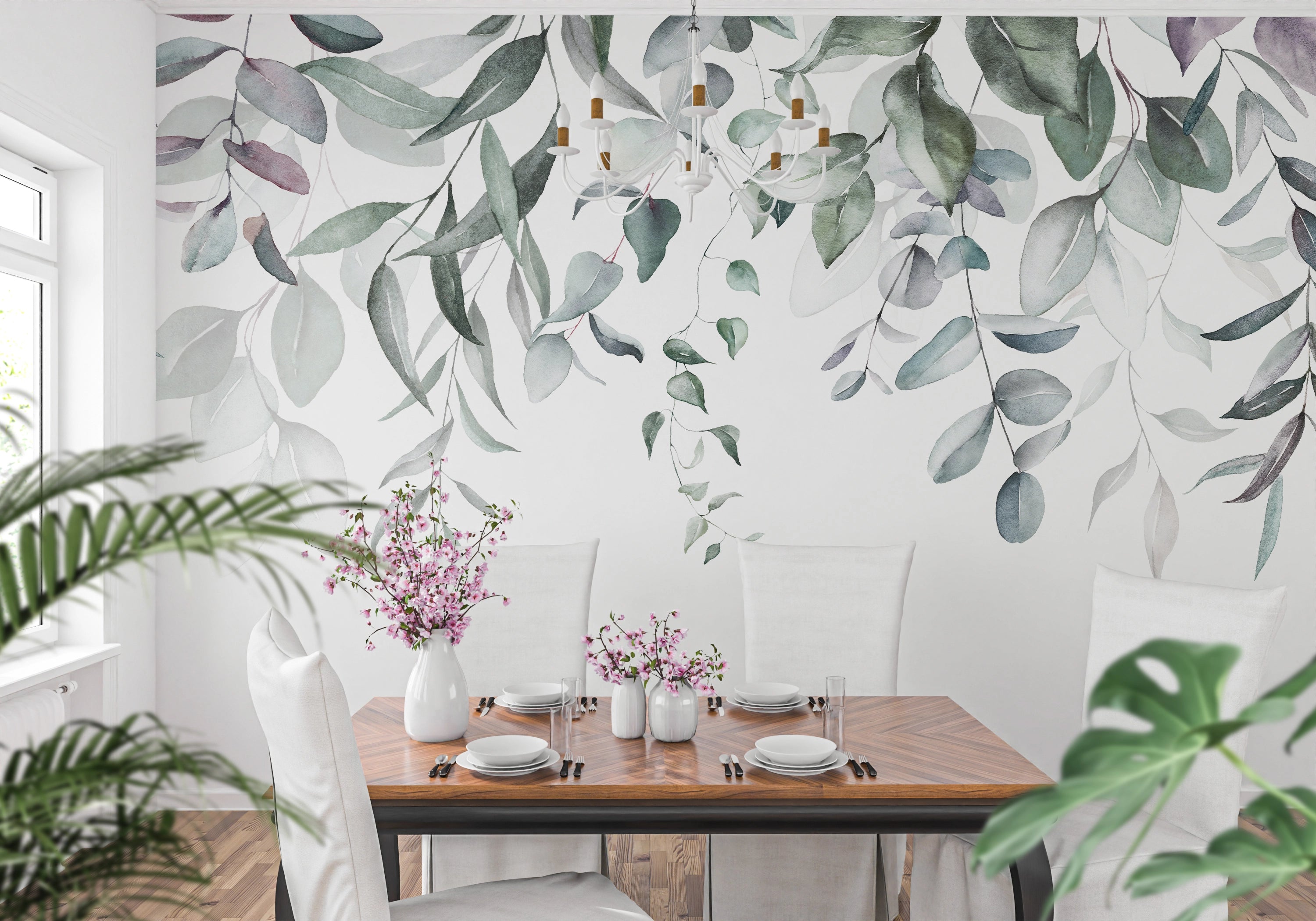 Watercolor eucalyptus panoramic wallpaper