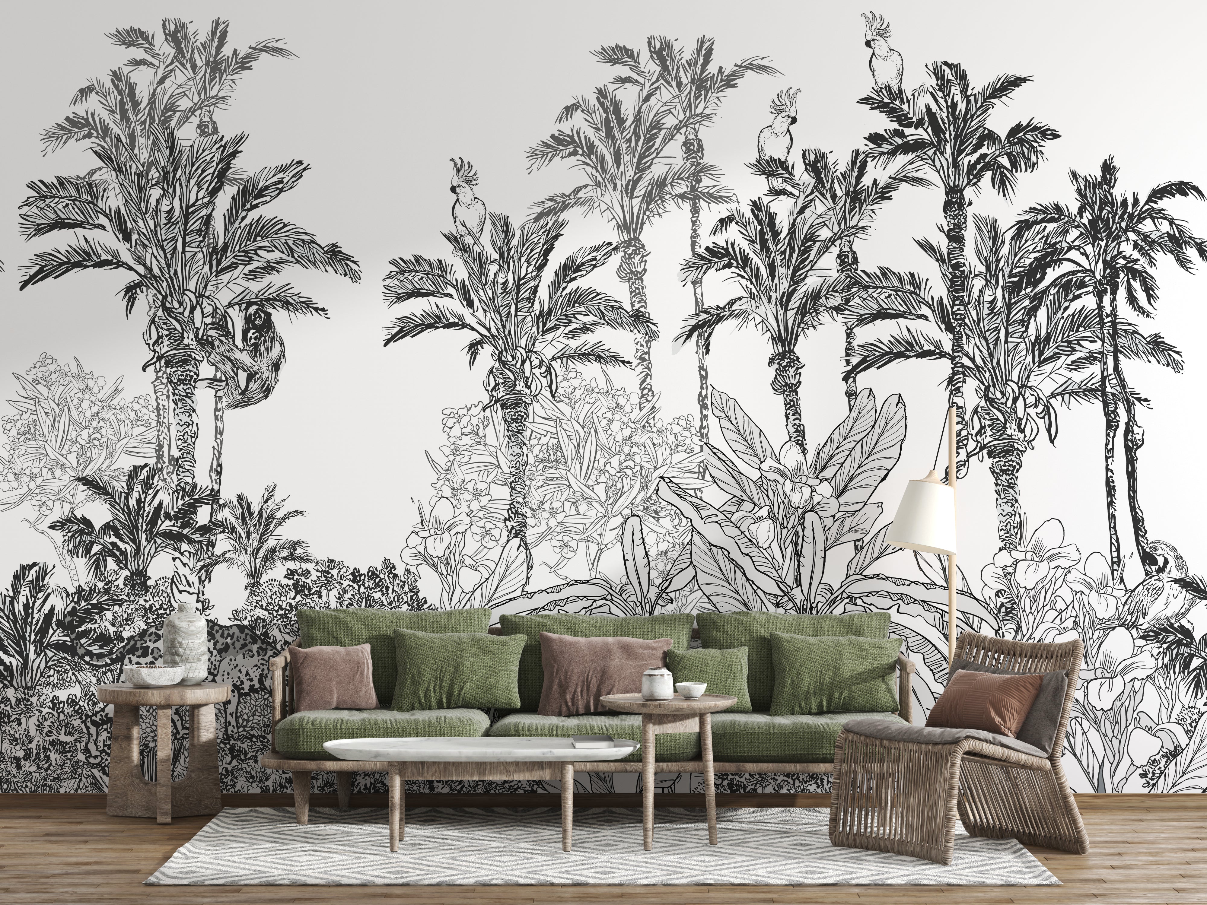 Black and White Jungle Panoramic Wallpaper - Illustrated Exotic Landscape