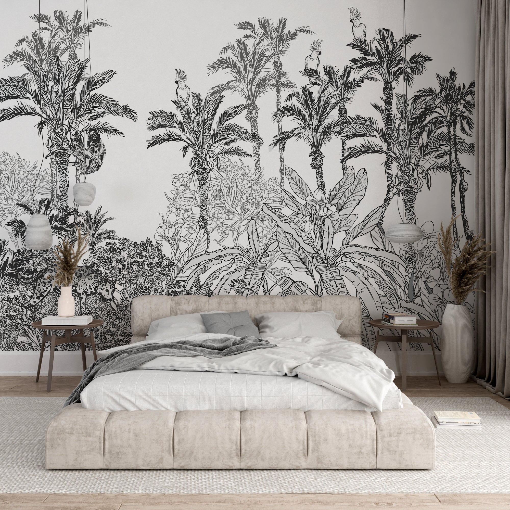 Black and White Jungle Panoramic Wallpaper - Illustrated Exotic Landscape