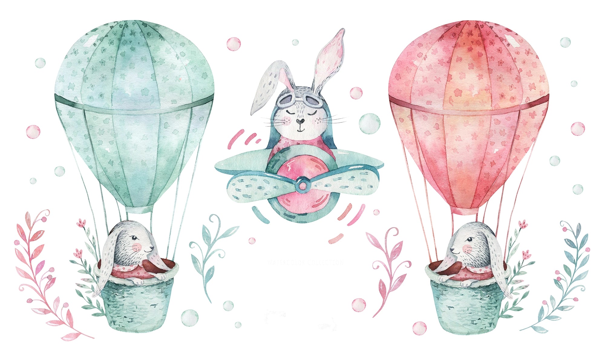 Panoramic wallpaper rabbits in hot air balloons