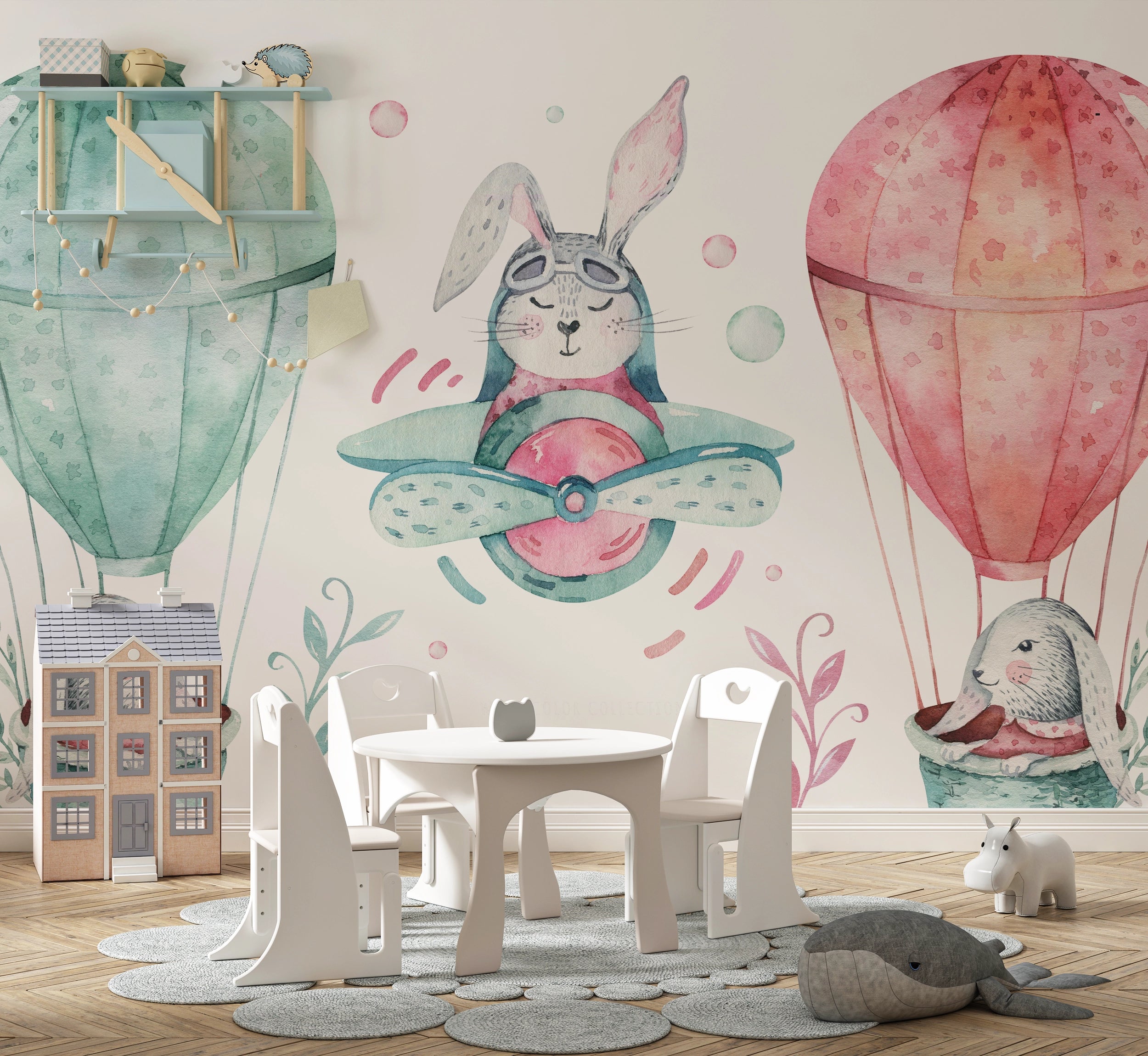 Panoramic wallpaper rabbits in hot air balloons