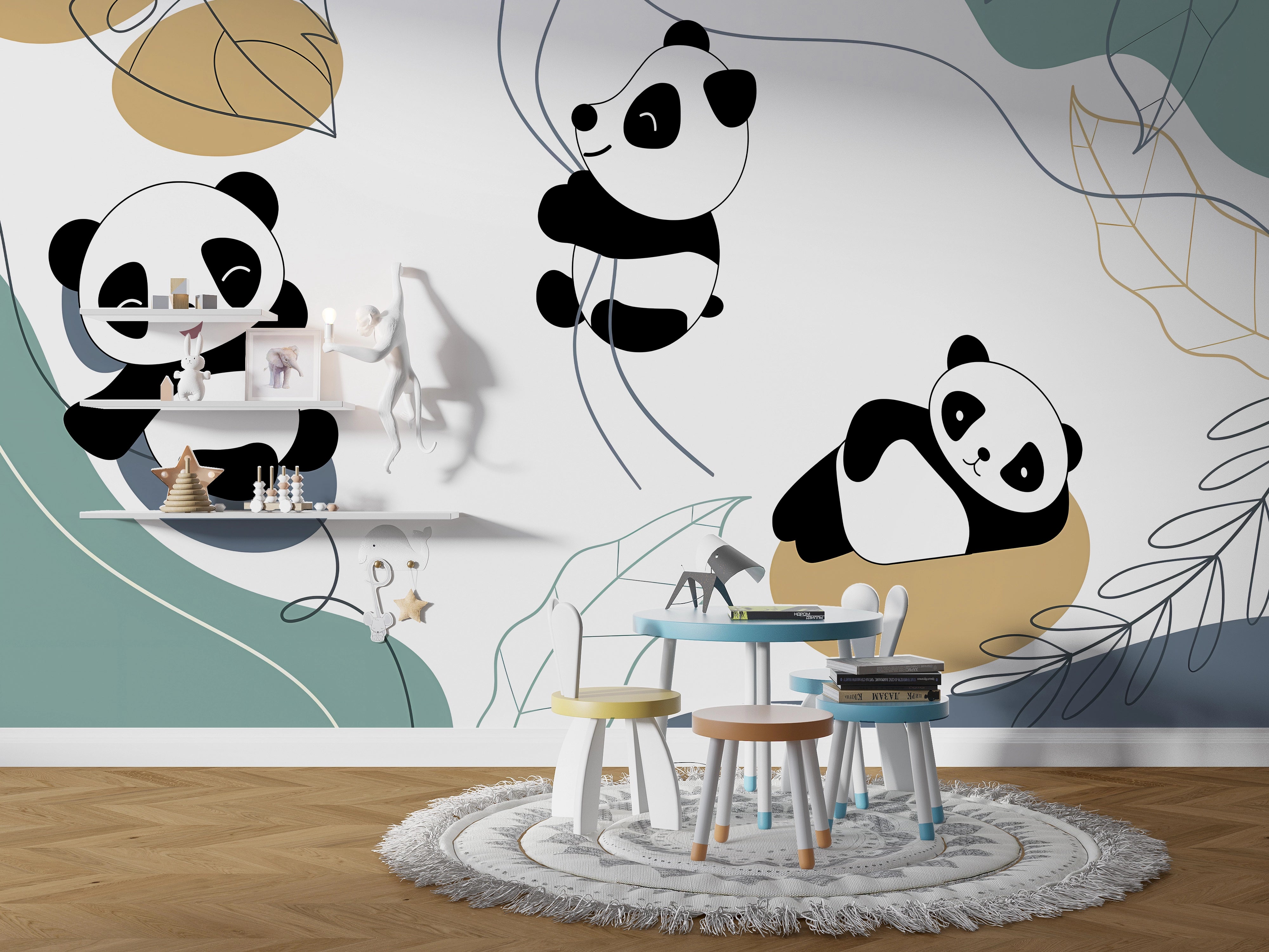 Papier peint panoramique mignons petits pandas