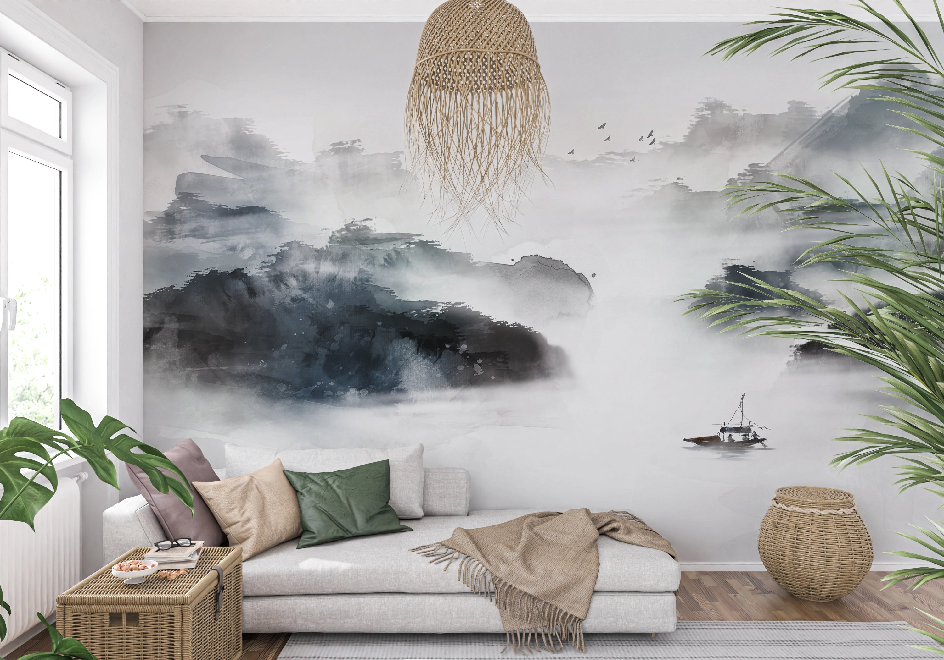 Ocean and rocks ink painting panoramic wallpaper