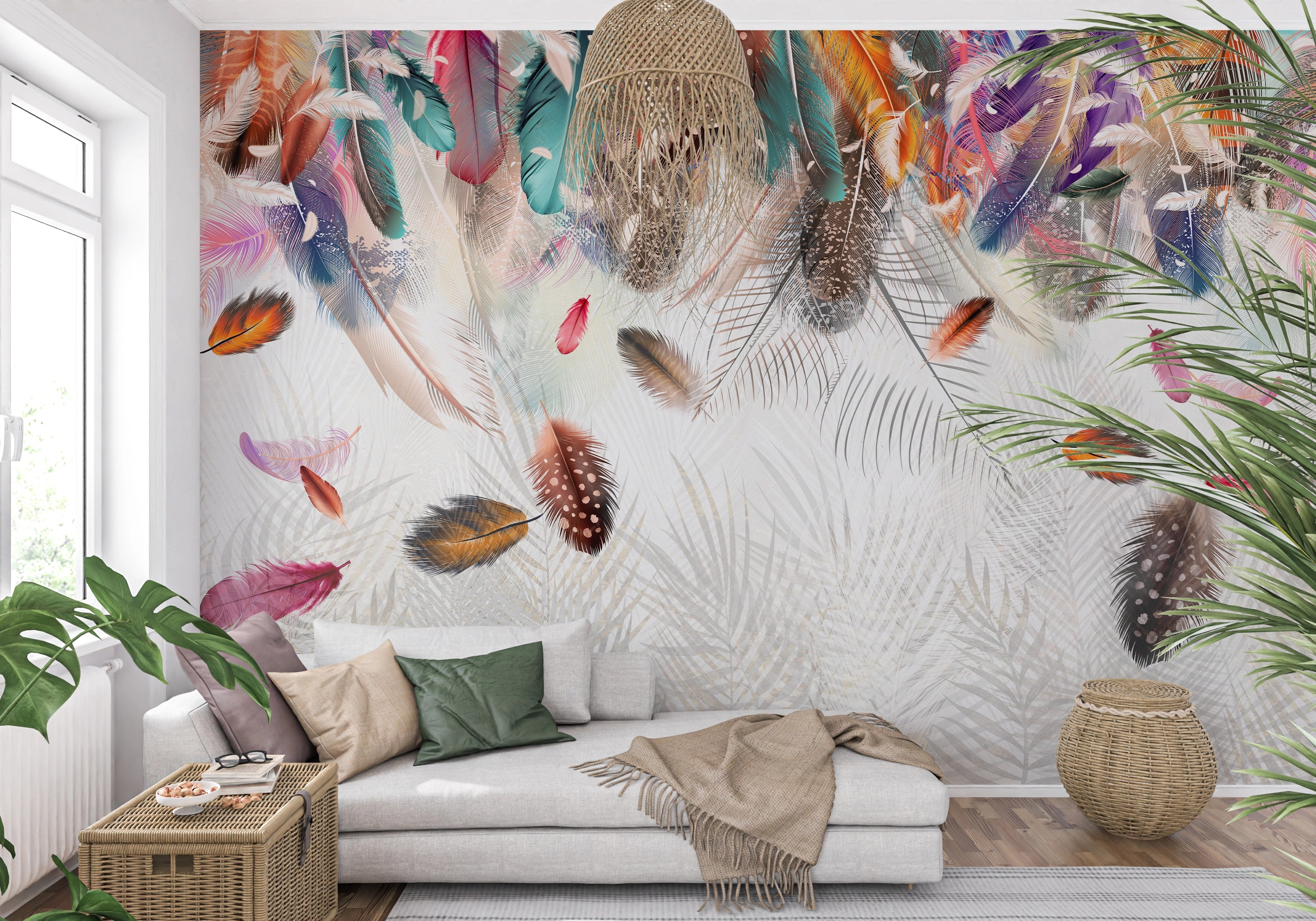 Panoramic wallpaper multi-colored feathers