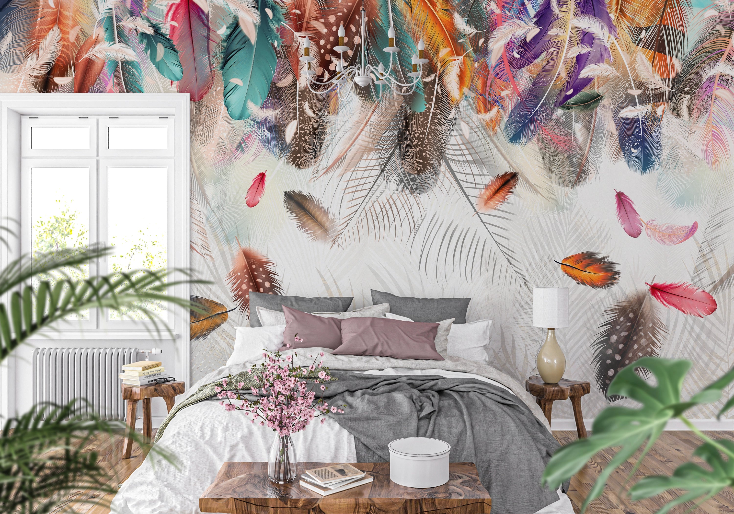 Panoramic wallpaper multi-colored feathers